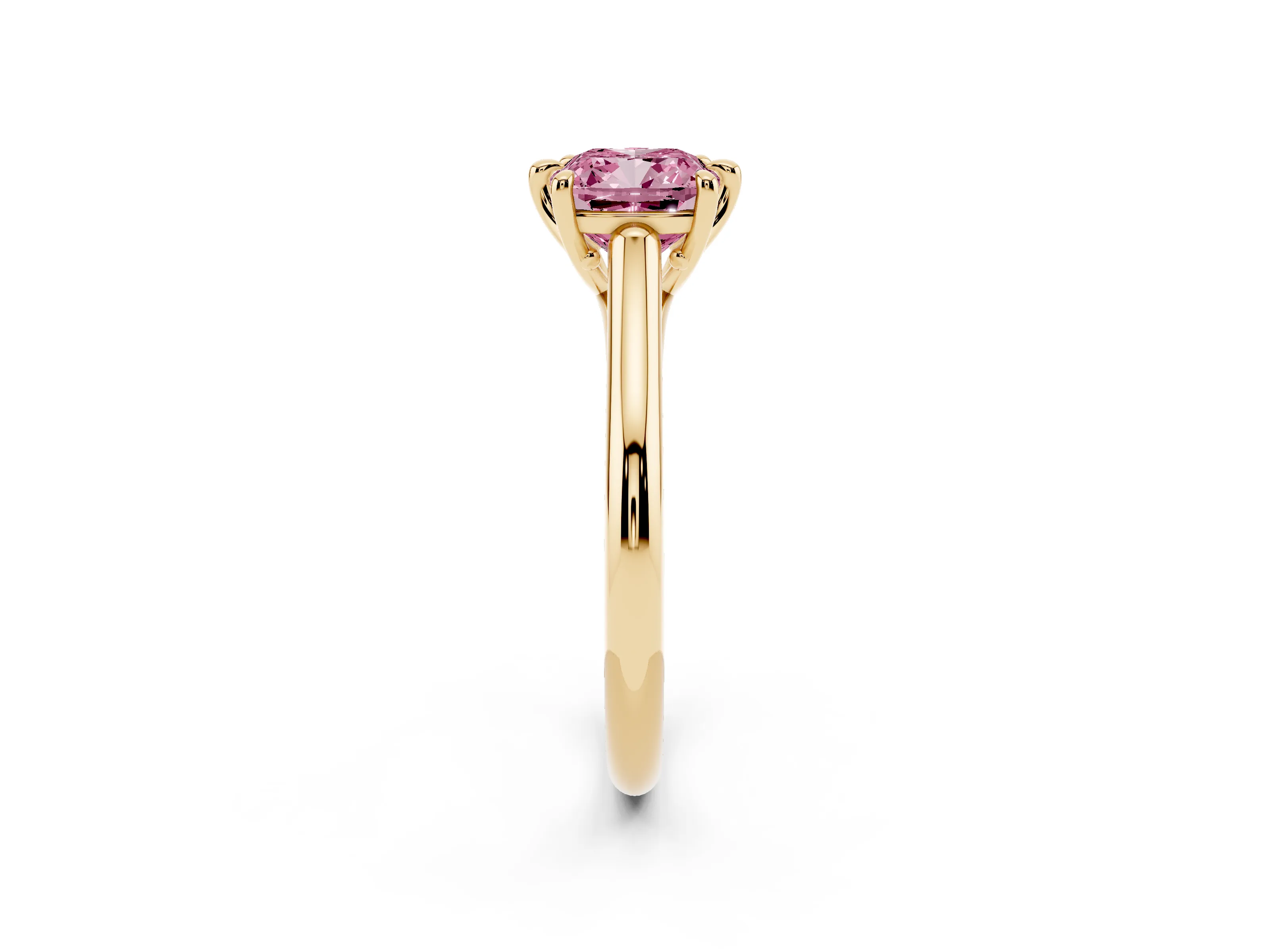 Fancy Pink Cushion Cut Diamond Solitaire Engagement Ring Set in Yellow gold with Prong Setting and Plain Classic Band