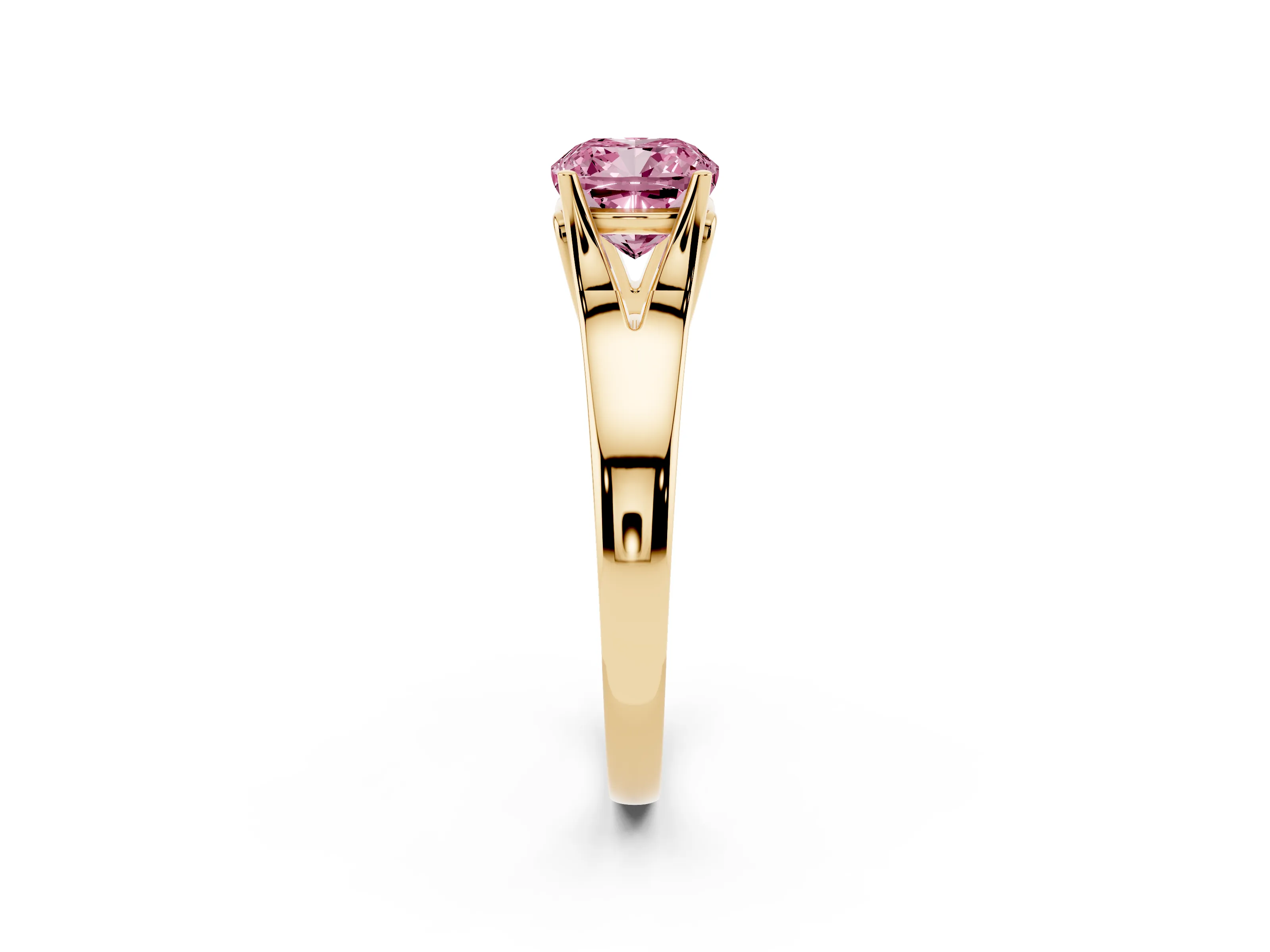Fancy Pink Cushion Cut Diamond Solitaire Ring Set in Yellow gold with Arched Cathedral Band and Prong Setting