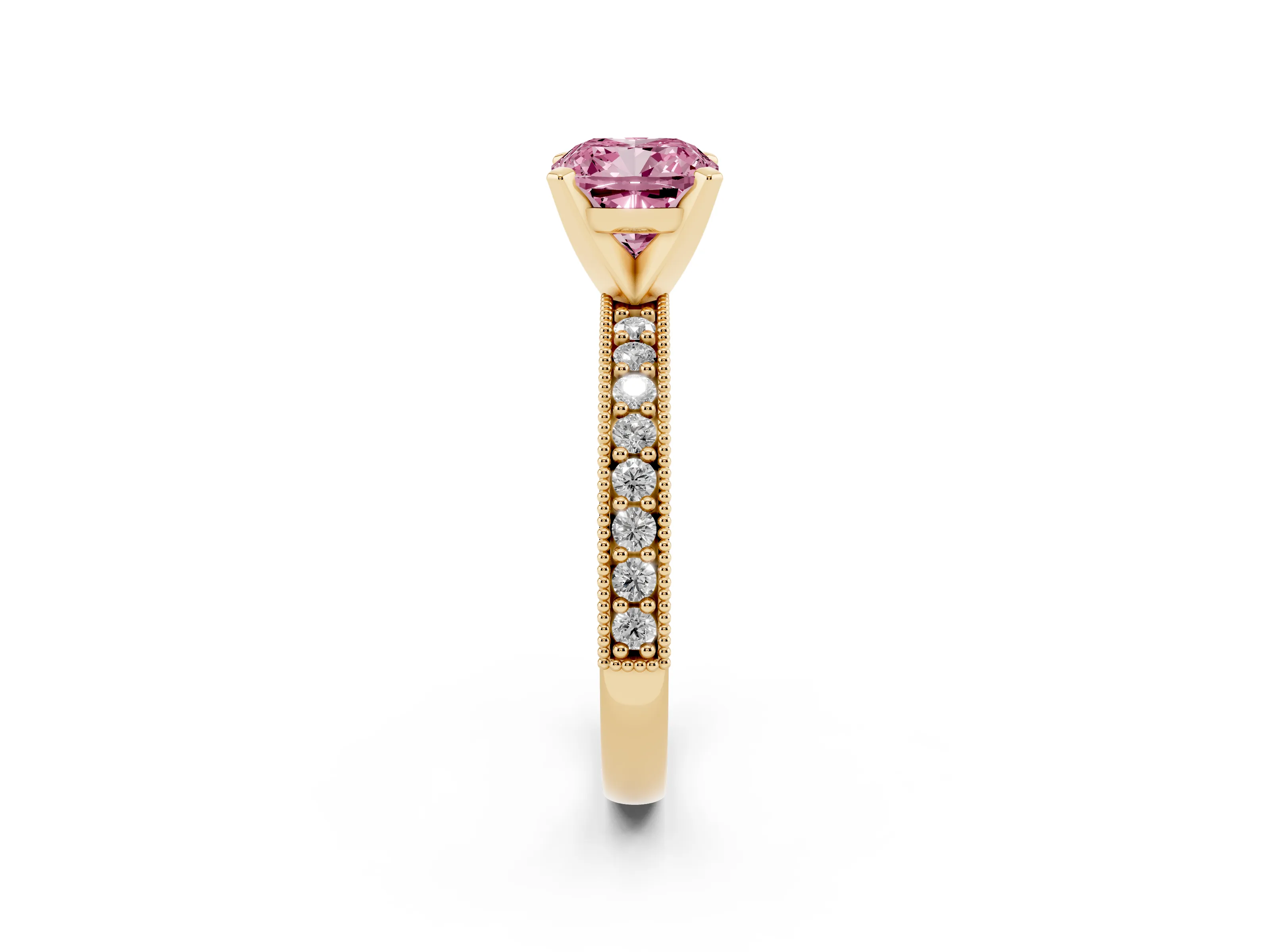 Fancy Pink Cushion Cut Diamond Milgrain Pavé Engagement Ring Set in Yellow gold with Prong Setting