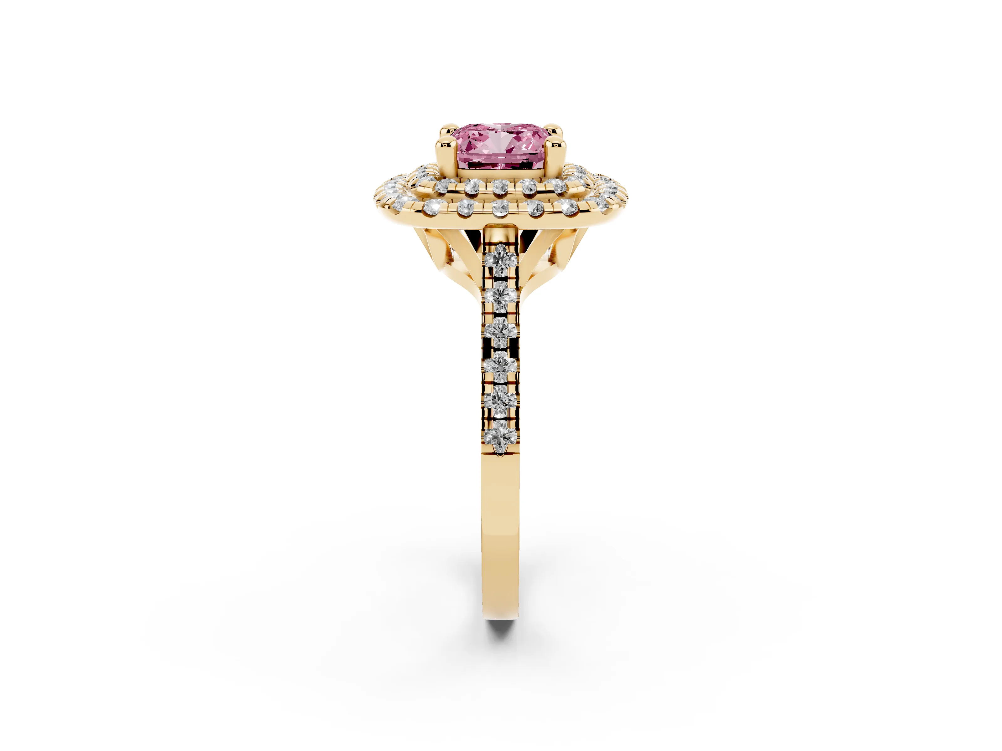 Fancy Pink Cushion Cut Diamond Double Halo Statement Ring Set in Yellow gold with Pavé Band