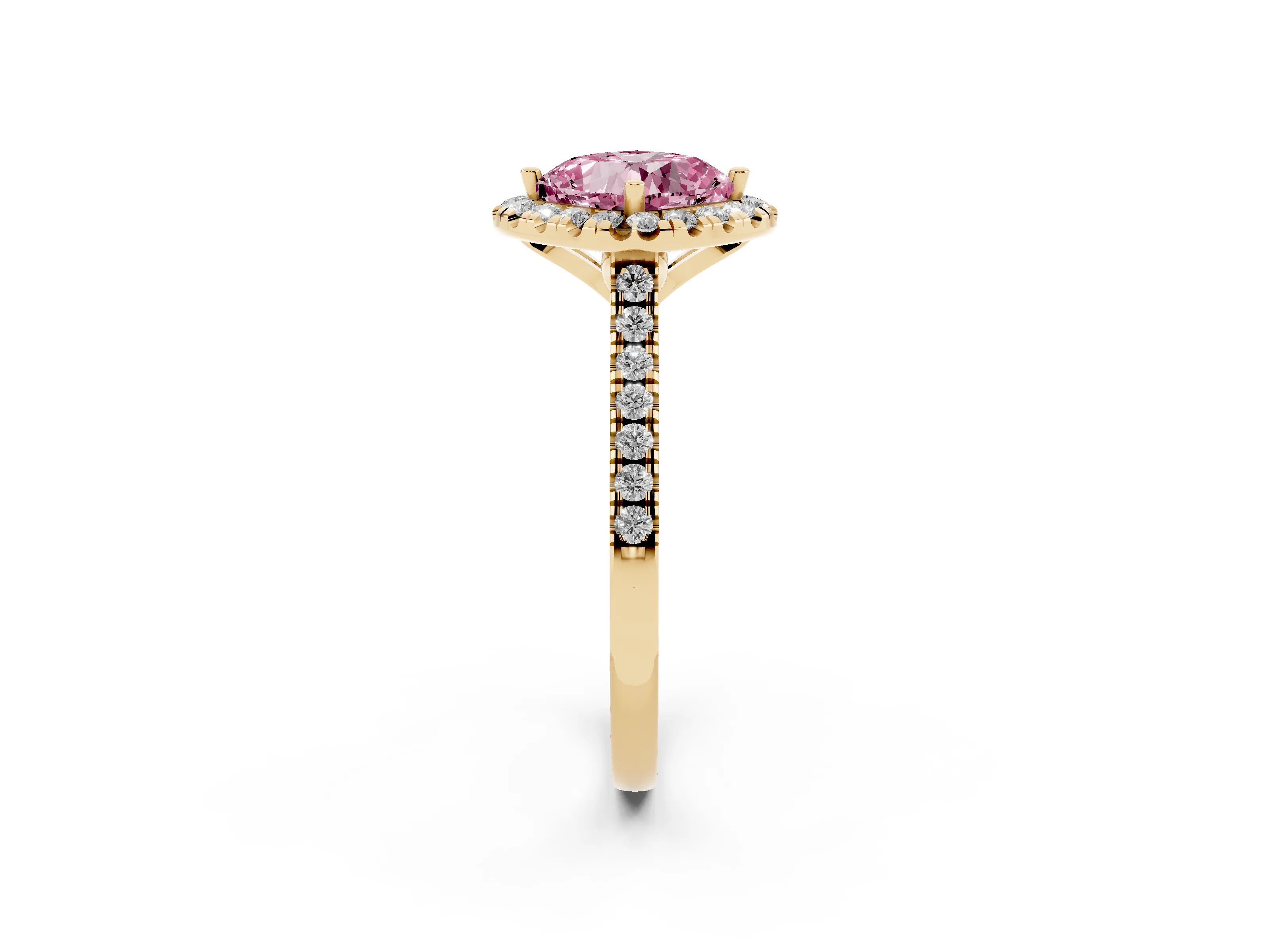 Fancy Pink Cushion Cut Diamond Cushion Halo Ring Set in Yellow gold with Pavé Band