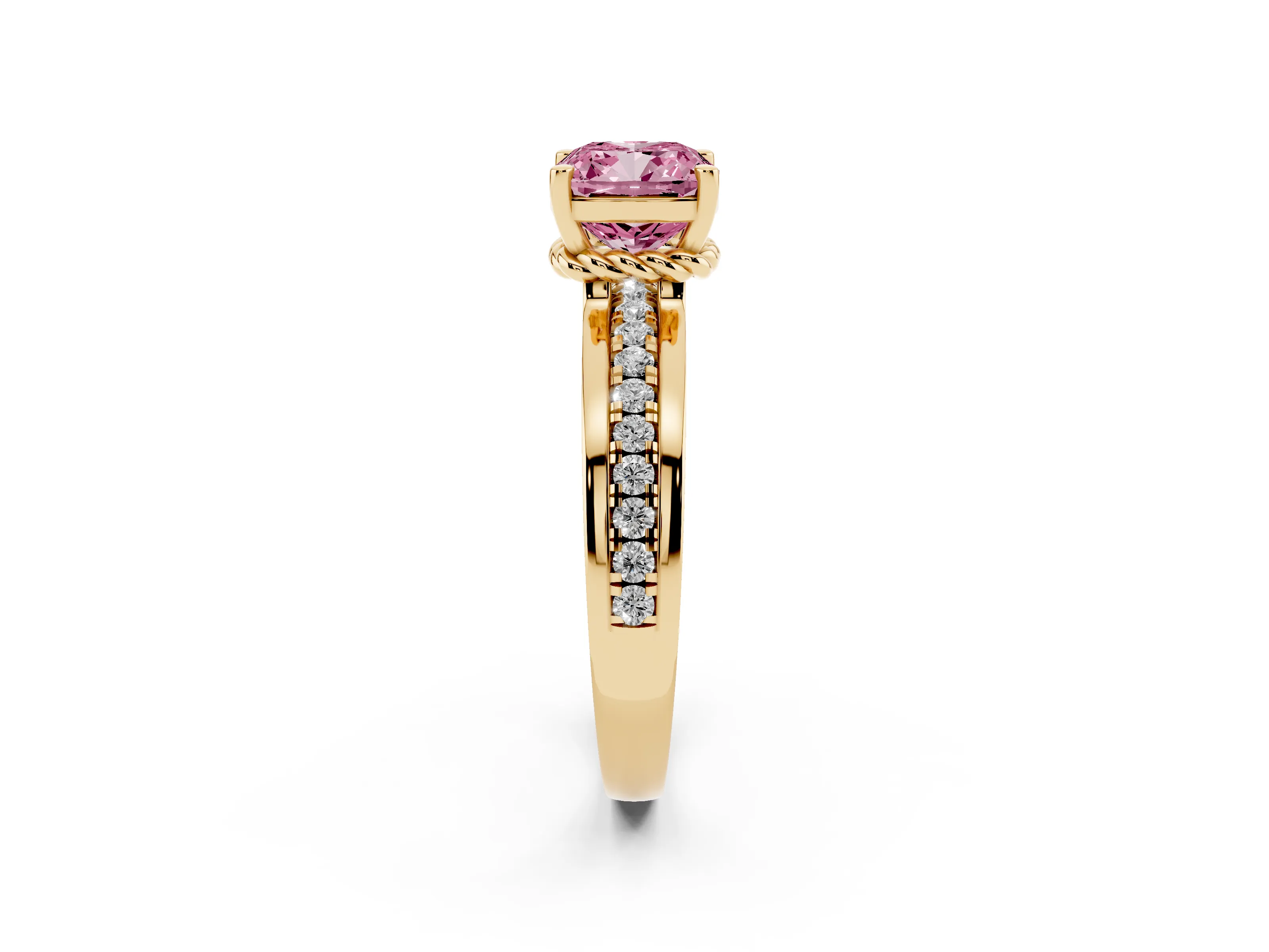 Fancy Pink Cushion Cut Diamond Solitaire Ring Set in Yellow gold with Channel Set Band and Prong Setting