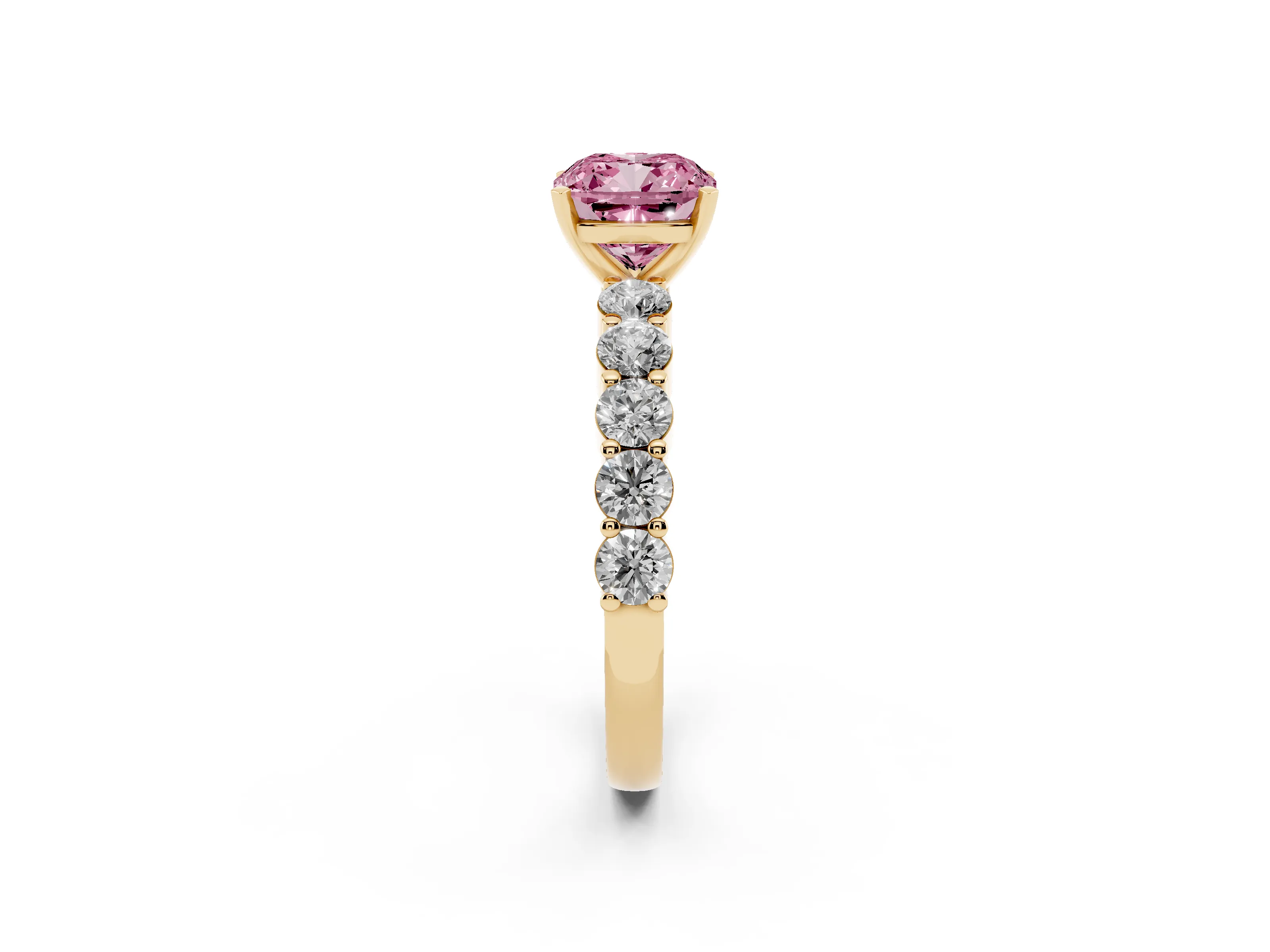 Fancy Pink Cushion Cut Diamond Solitaire Ring Set in Yellow gold with Shared Prong Round Side Stones