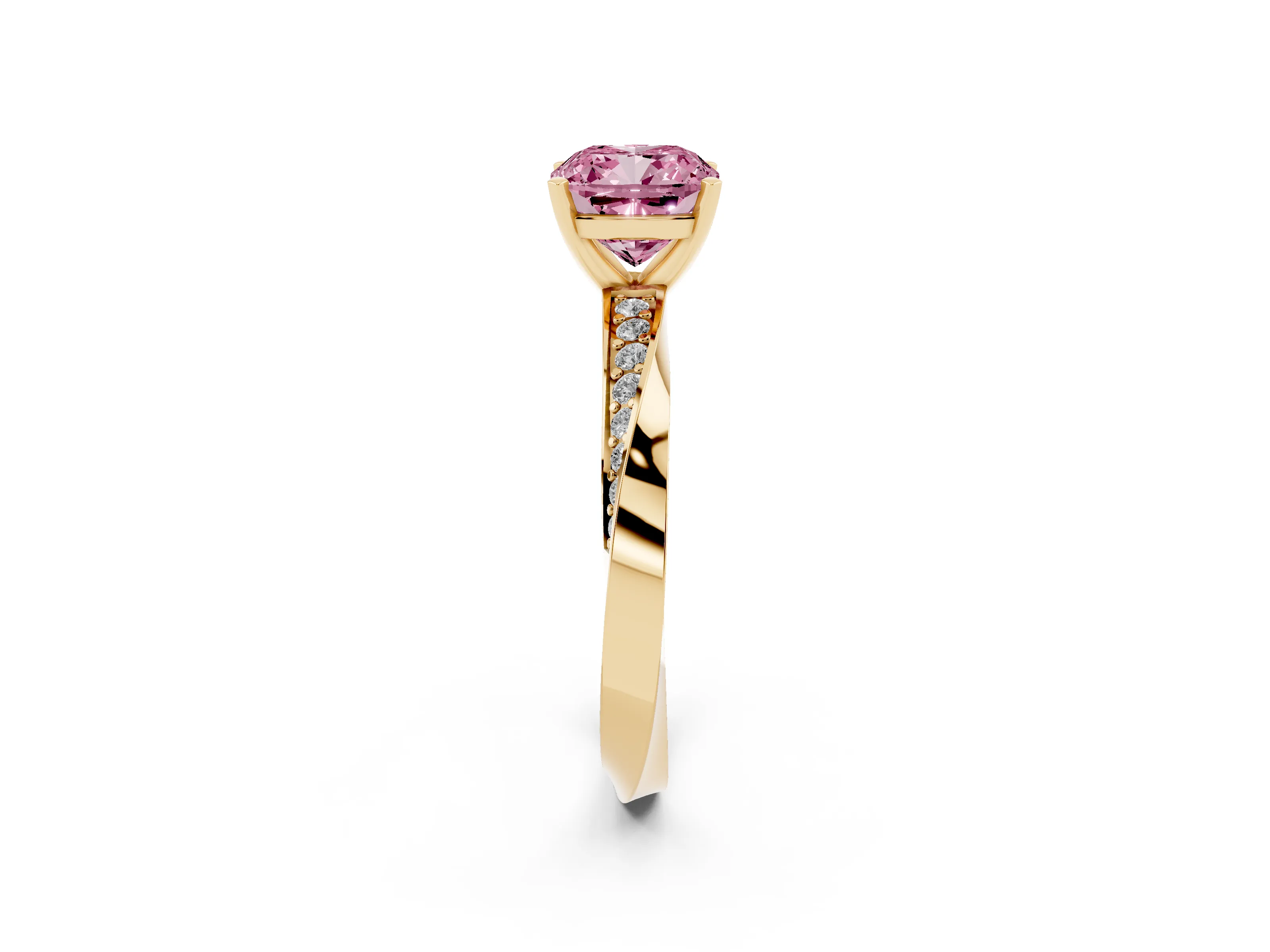 Fancy Pink Cushion Cut Diamond Engagement Ring Set in Yellow gold with Side Stone Accents and Prong Setting