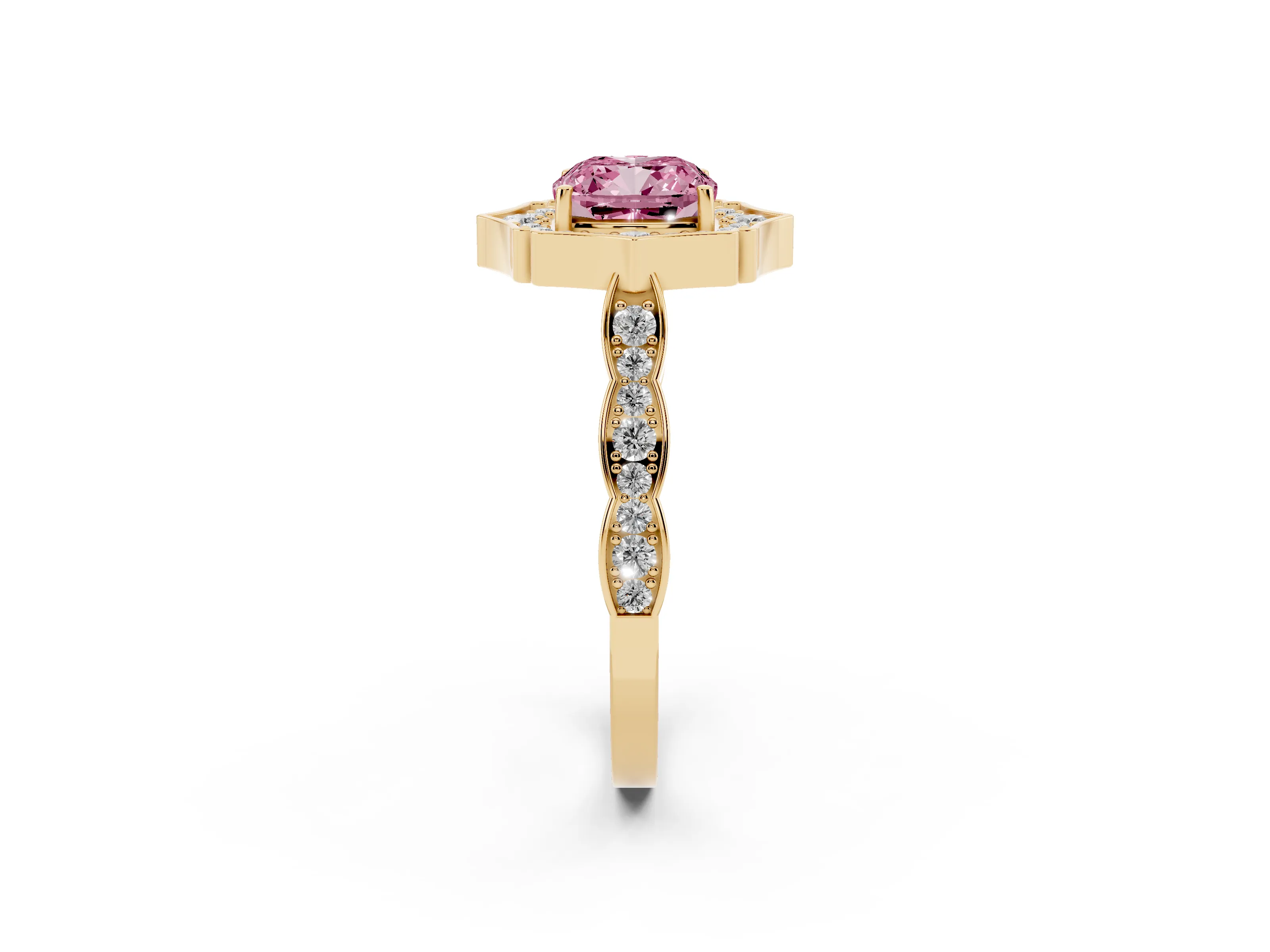 Fancy Pink Cushion Cut Diamond Halo Engagement Ring Set in Yellow gold with Milgrain Band and Prong Setting