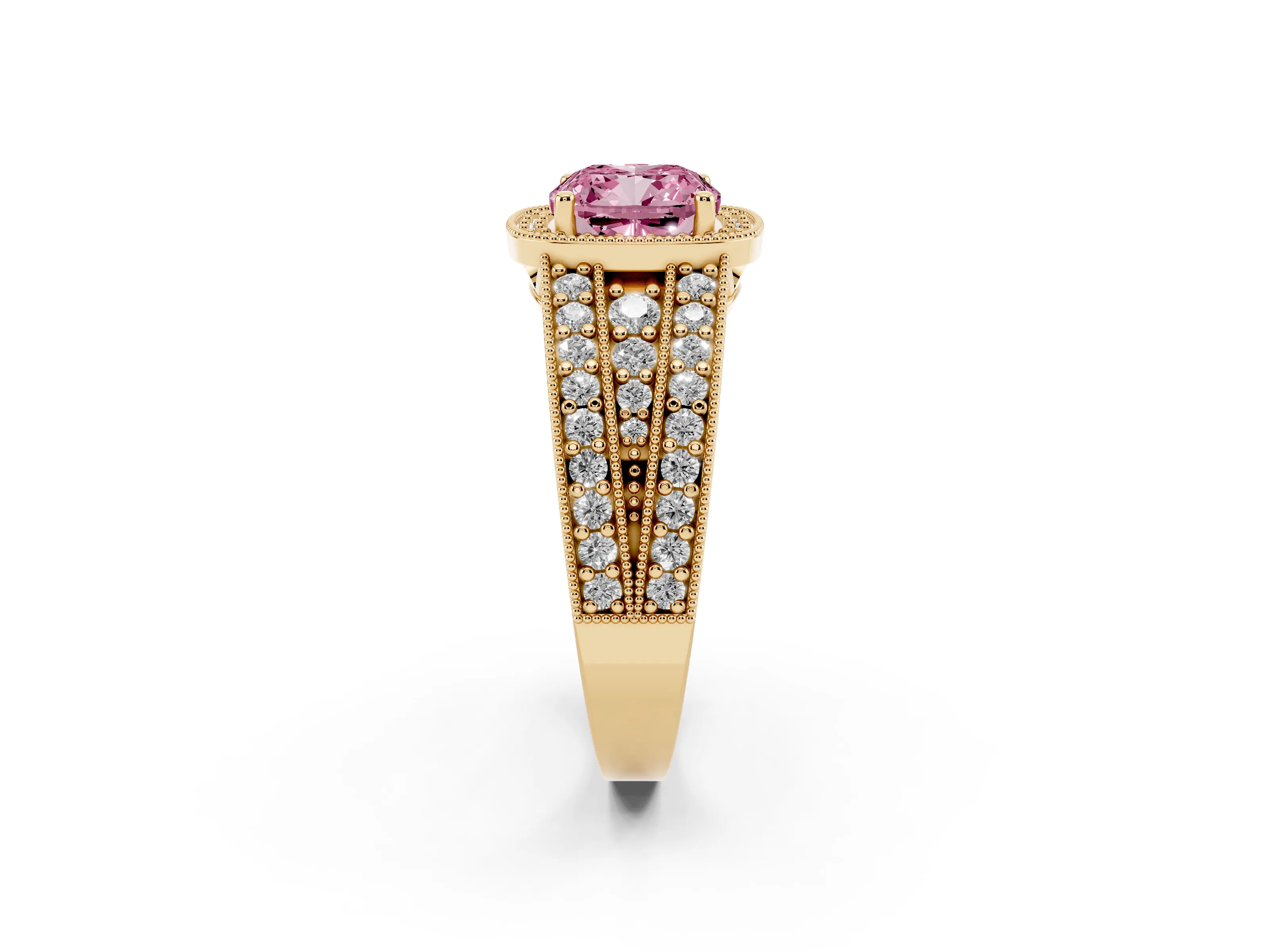 Fancy Pink Cushion Cut Diamond Halo Ring Set in Yellow gold with Accent Split Shank and Prong Setting