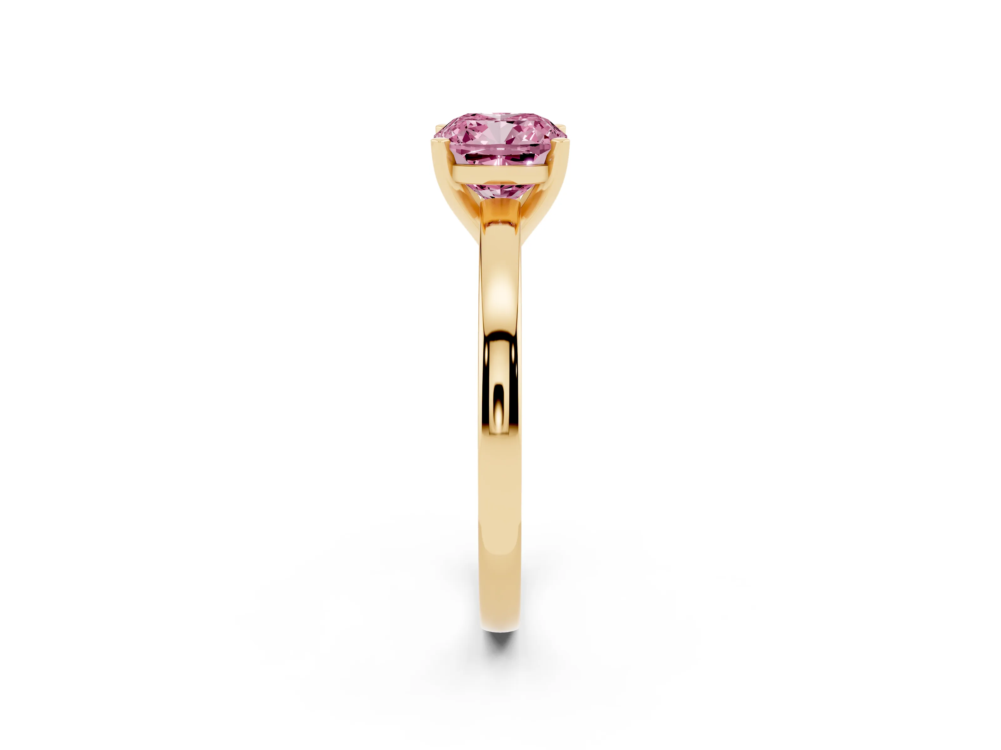 Fancy Pink Cushion Cut Diamond Solitaire Engagement Ring Set in Yellow gold with Prong Setting on a Classic Band