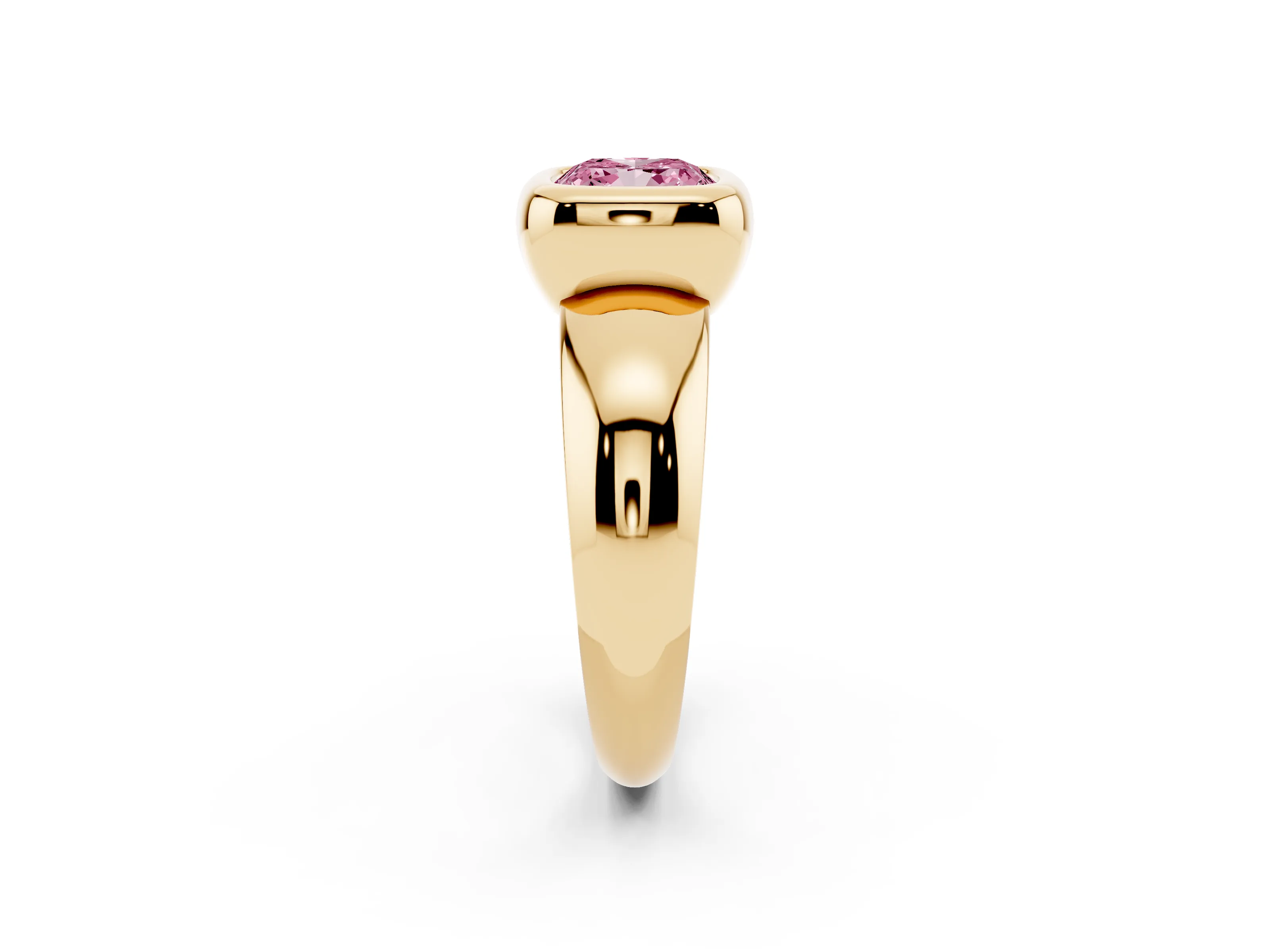 Fancy Pink Bezel Set Cushion Cut Diamond Solitaire Ring Set in Yellow gold with Wide Band