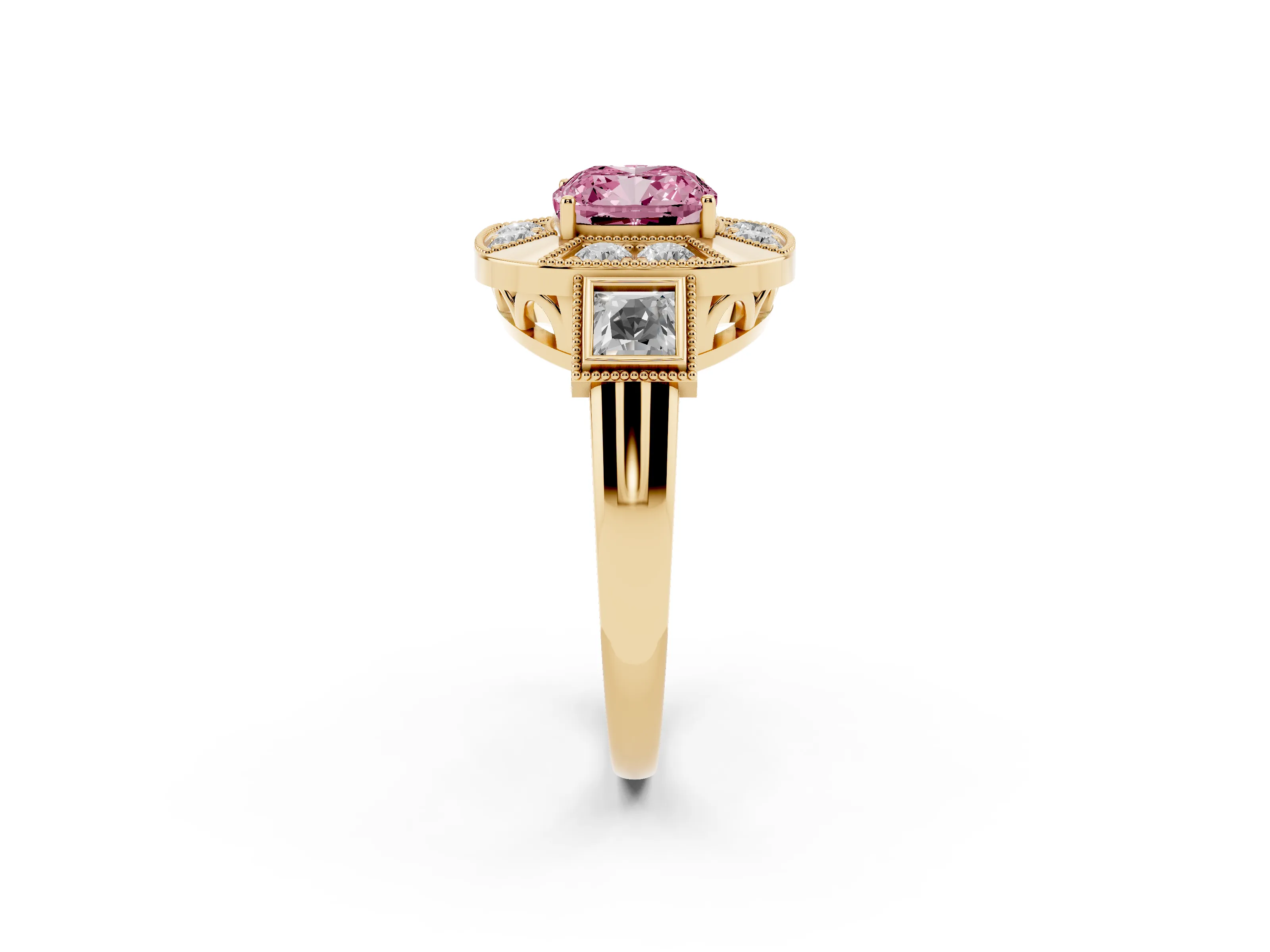 Fancy Pink Cushion Cut Diamond Milgrain Halo Ring Set in Yellow gold with Split Shank