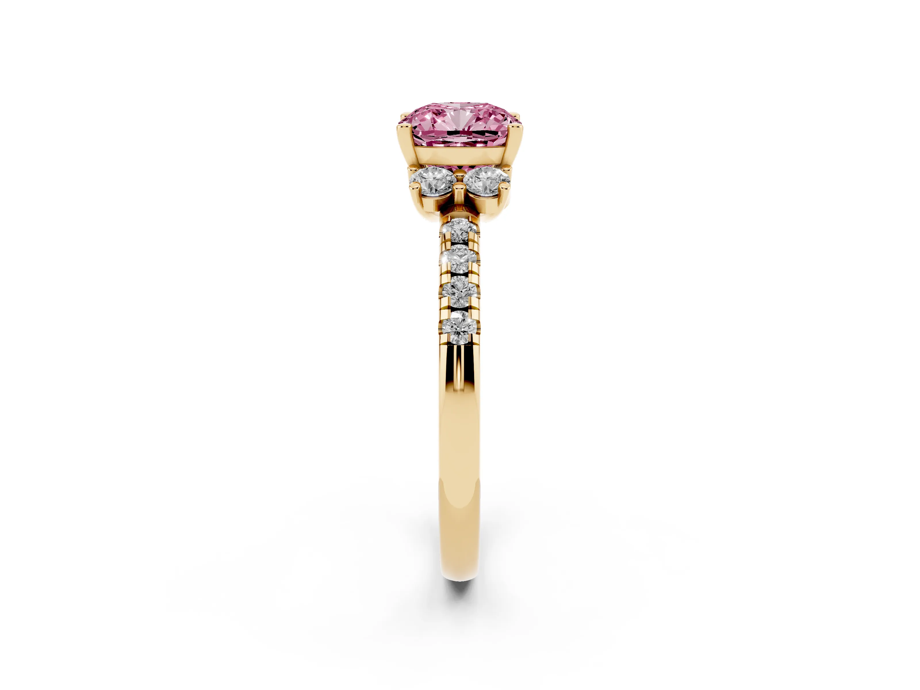 Fancy Pink Cushion Cut Diamond Three-Stone Pavé Ring Set in Yellow gold with Prong Setting
