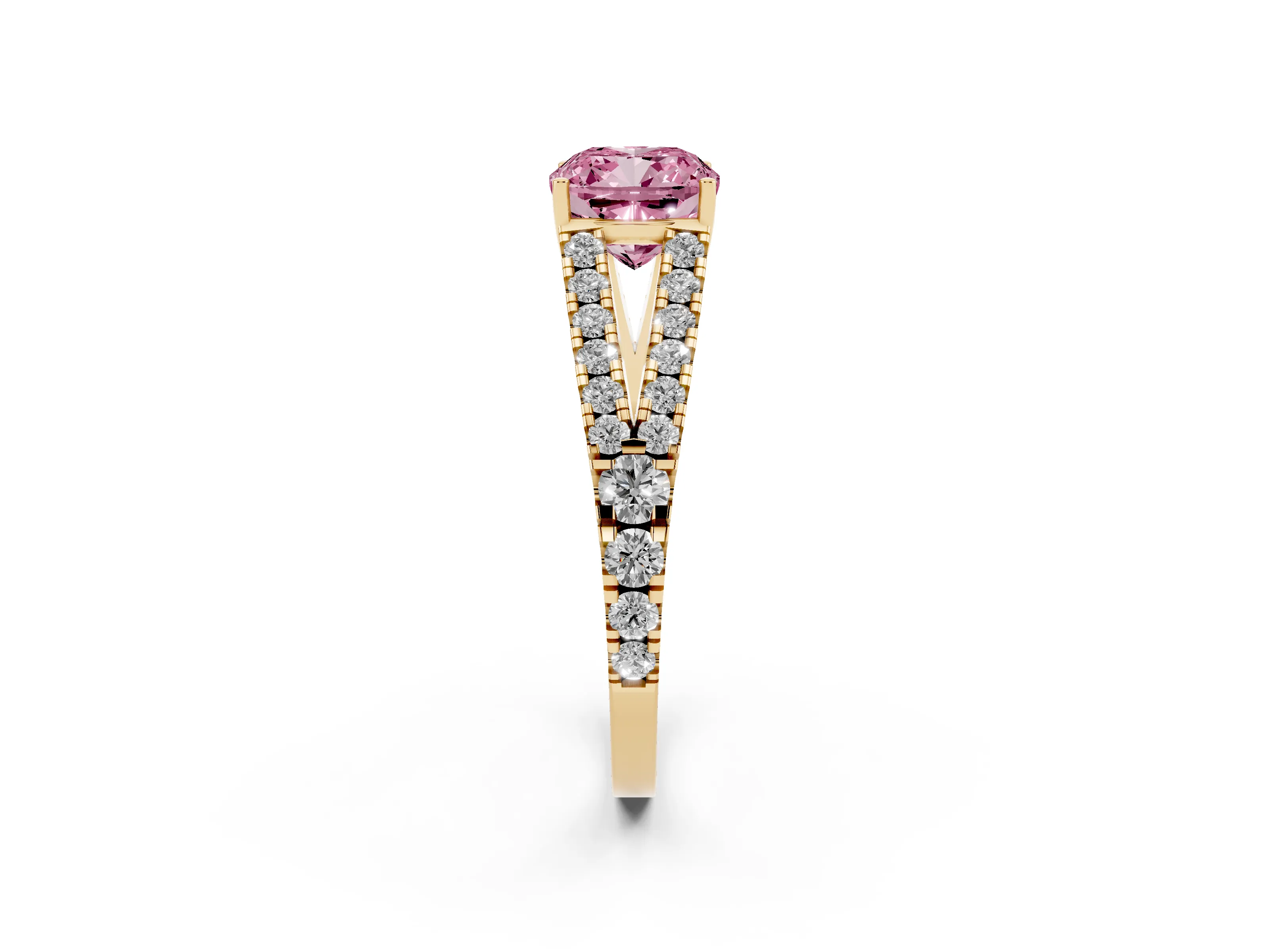 Fancy Pink Cushion Cut Diamond Split Shank Pavé Engagement Ring Set in Yellow gold with Prong-Held Center Stone