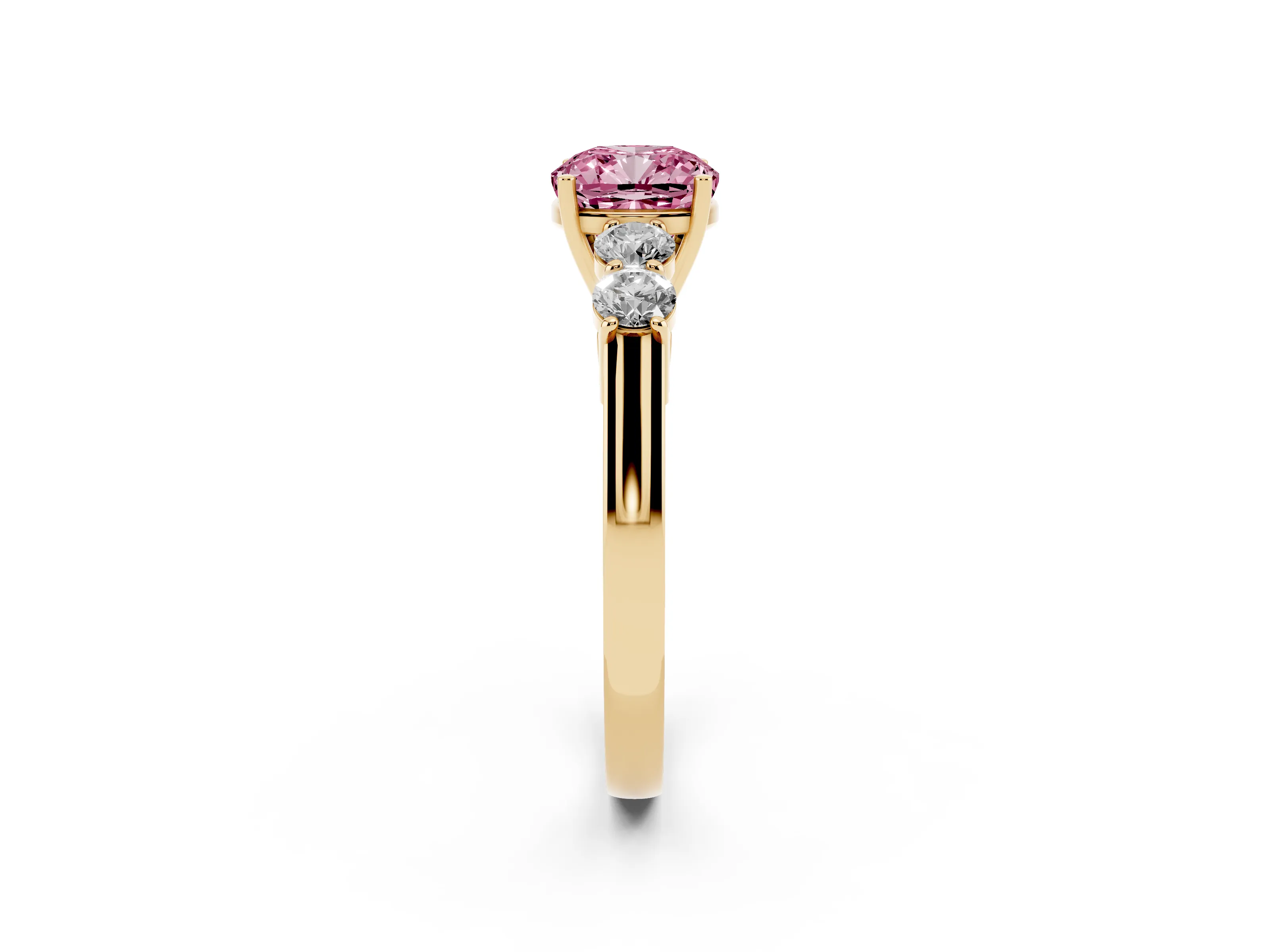 Fancy Pink Cushion Cut Diamond Five-Stone Prong Set Band Ring Set in Yellow gold with Polished Band