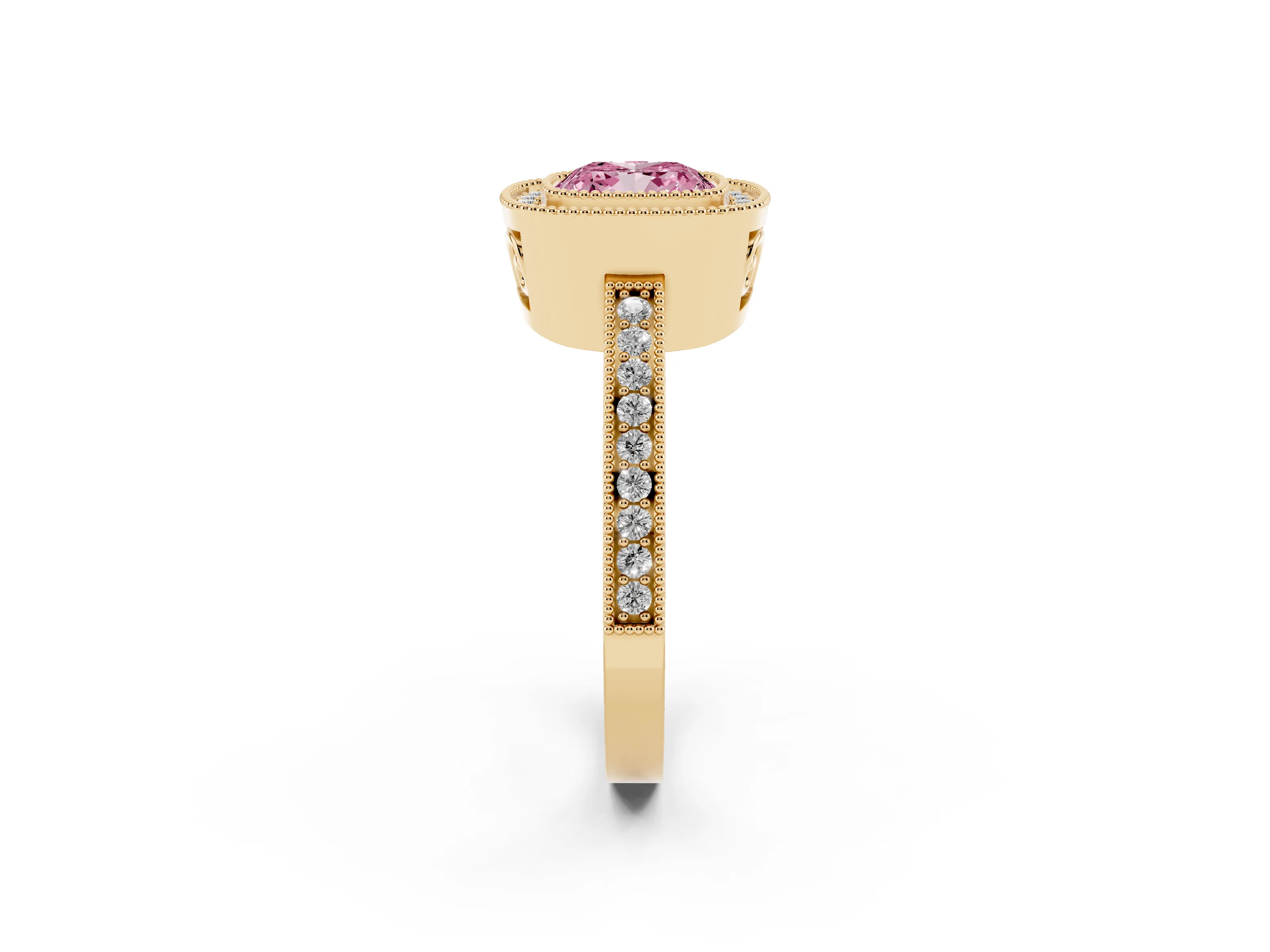 Fancy Pink Cushion Cut Diamond Round Halo Ring Set in Yellow gold with Pavé Band
