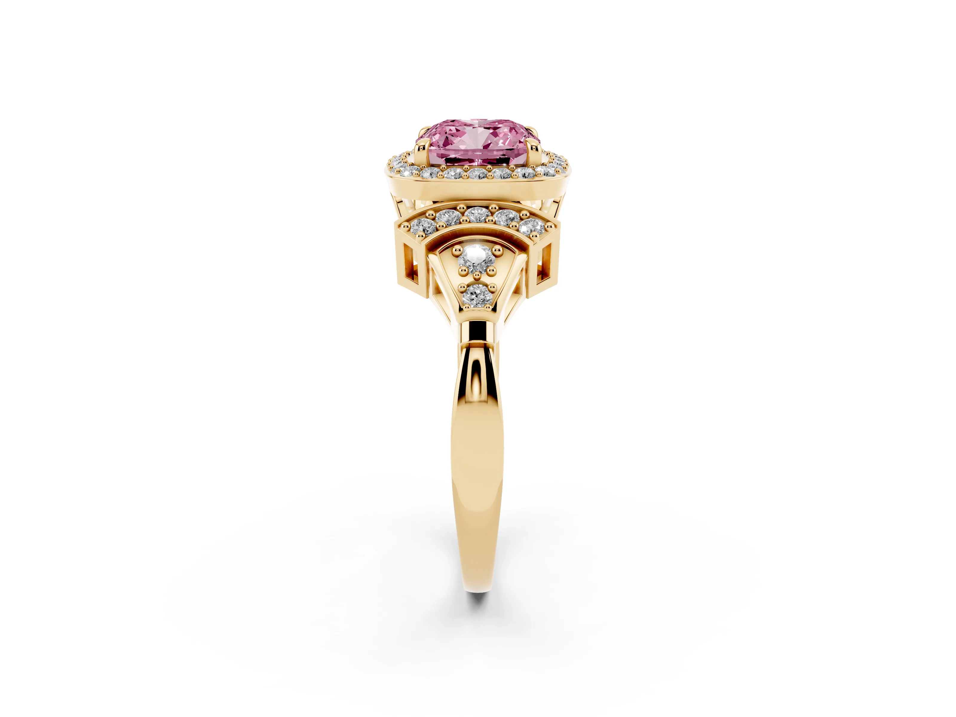 Fancy Pink Cushion Cut Diamond Halo Engagement Ring Set in Yellow gold with Accent Stone Split Shank