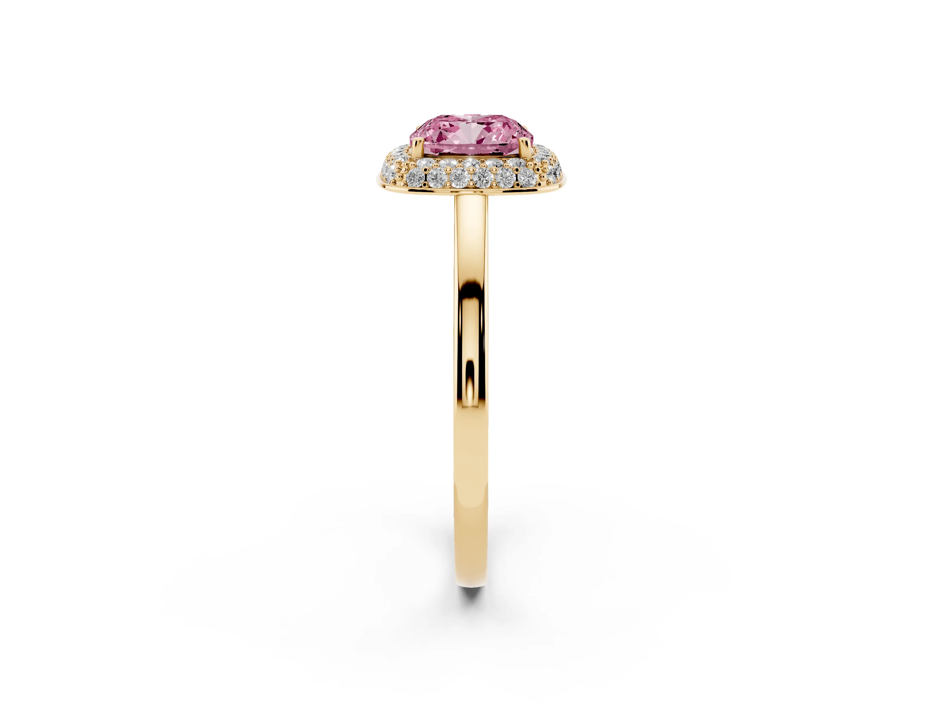 Fancy Pink Cushion Cut Diamond Halo Engagement Ring Set in Yellow gold with Solitaire Band and Prong Setting