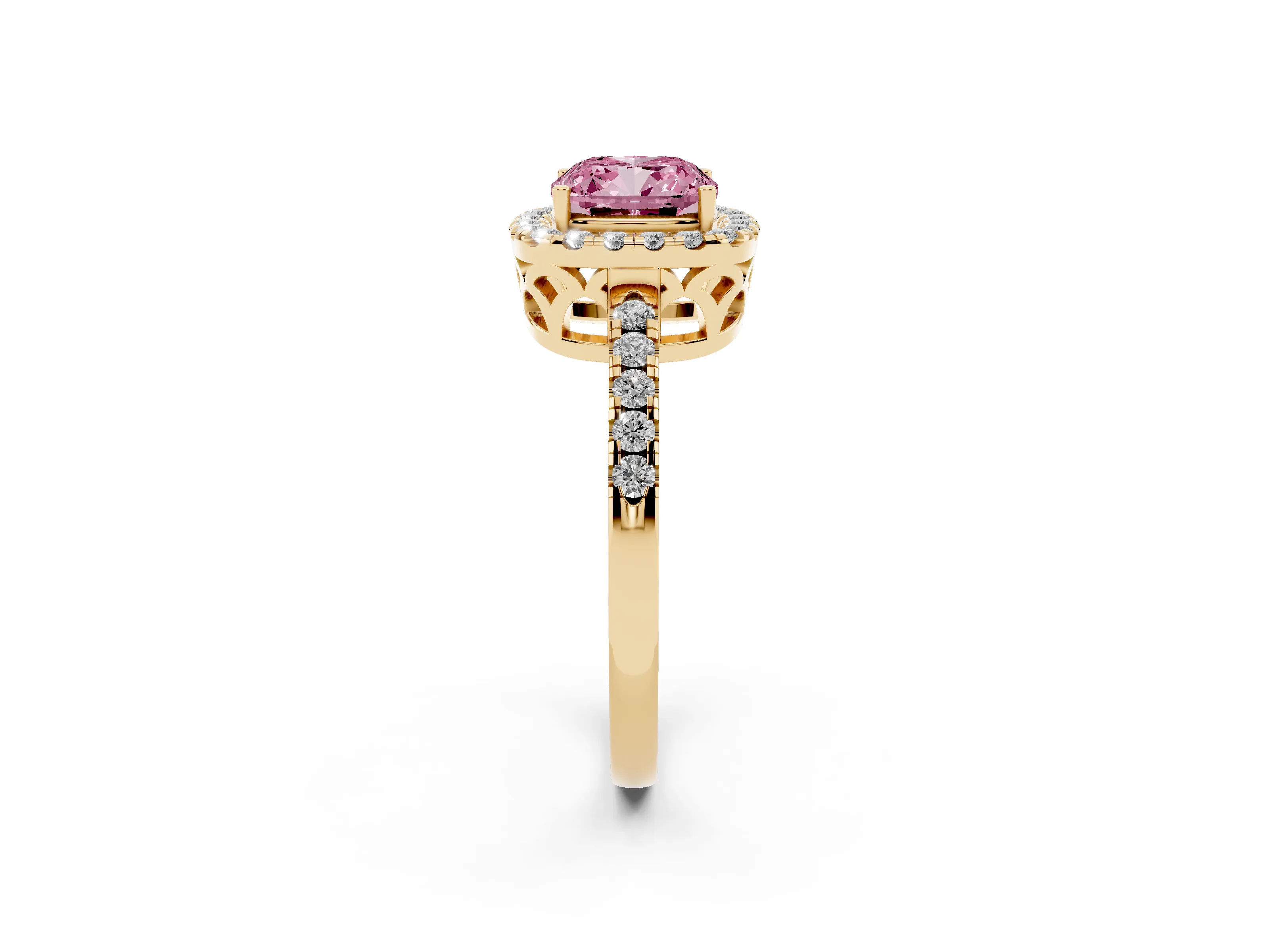 Fancy Pink Cushion Cut Diamond Pavé Band Halo Engagement Ring Set in Yellow gold with Prong Setting
