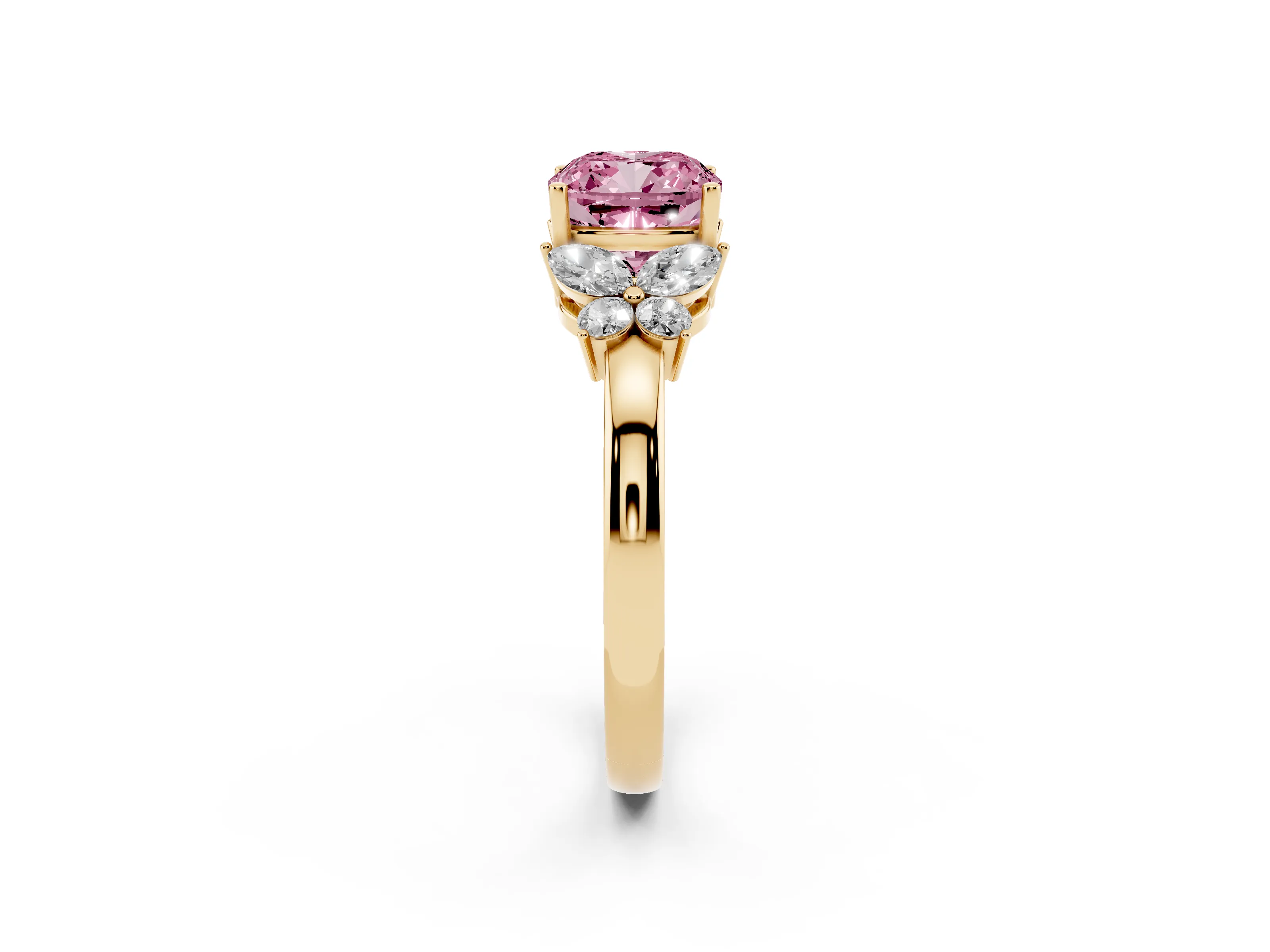 Fancy Pink Cushion Cut Diamond Solitaire Floral Ring Set in Yellow gold with Marquise Petals and Prong Setting