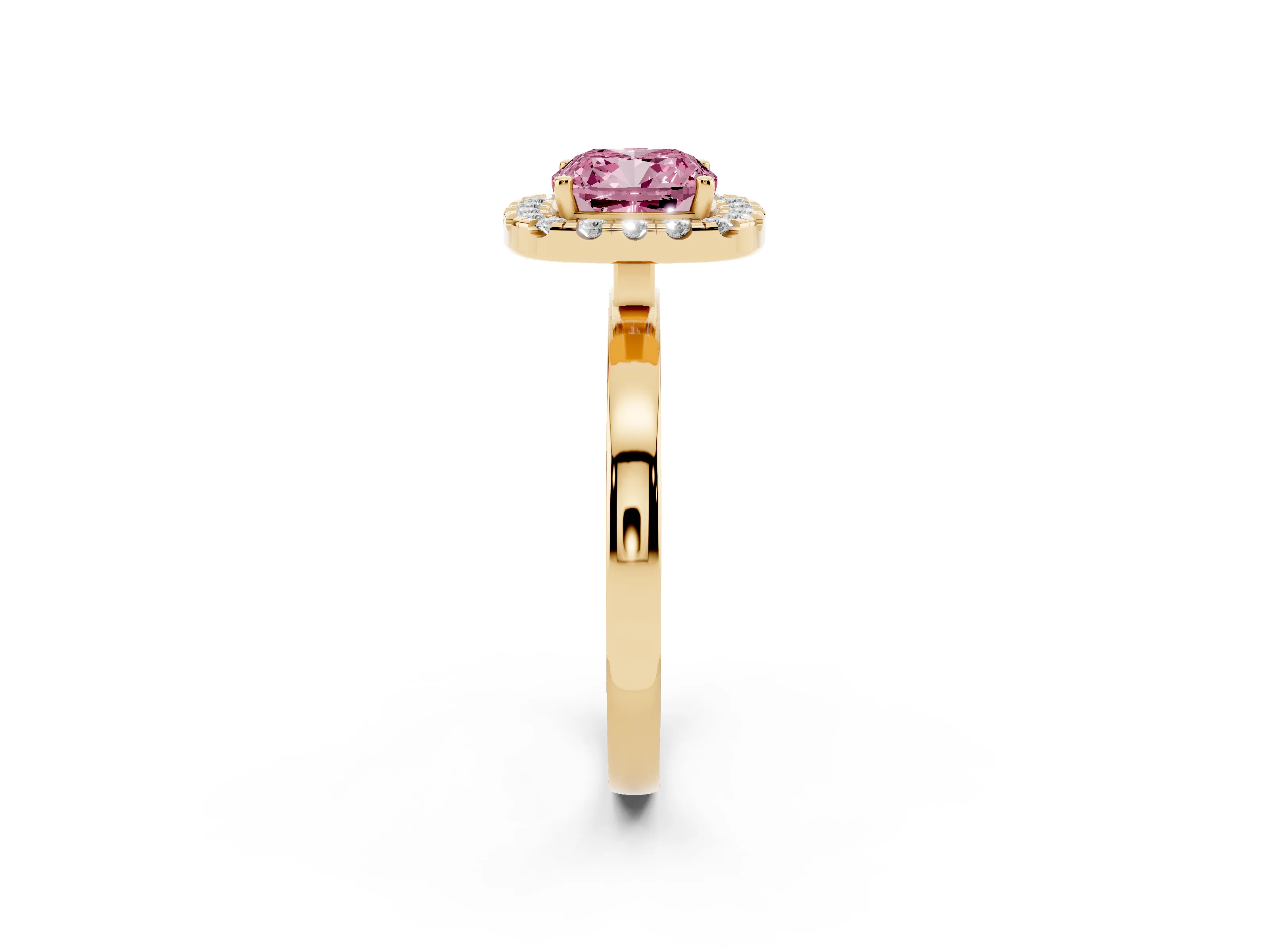 Fancy Pink Cushion Cut Diamond Halo Solitaire Ring Set in Yellow gold with Pavé Band and Prong Setting
