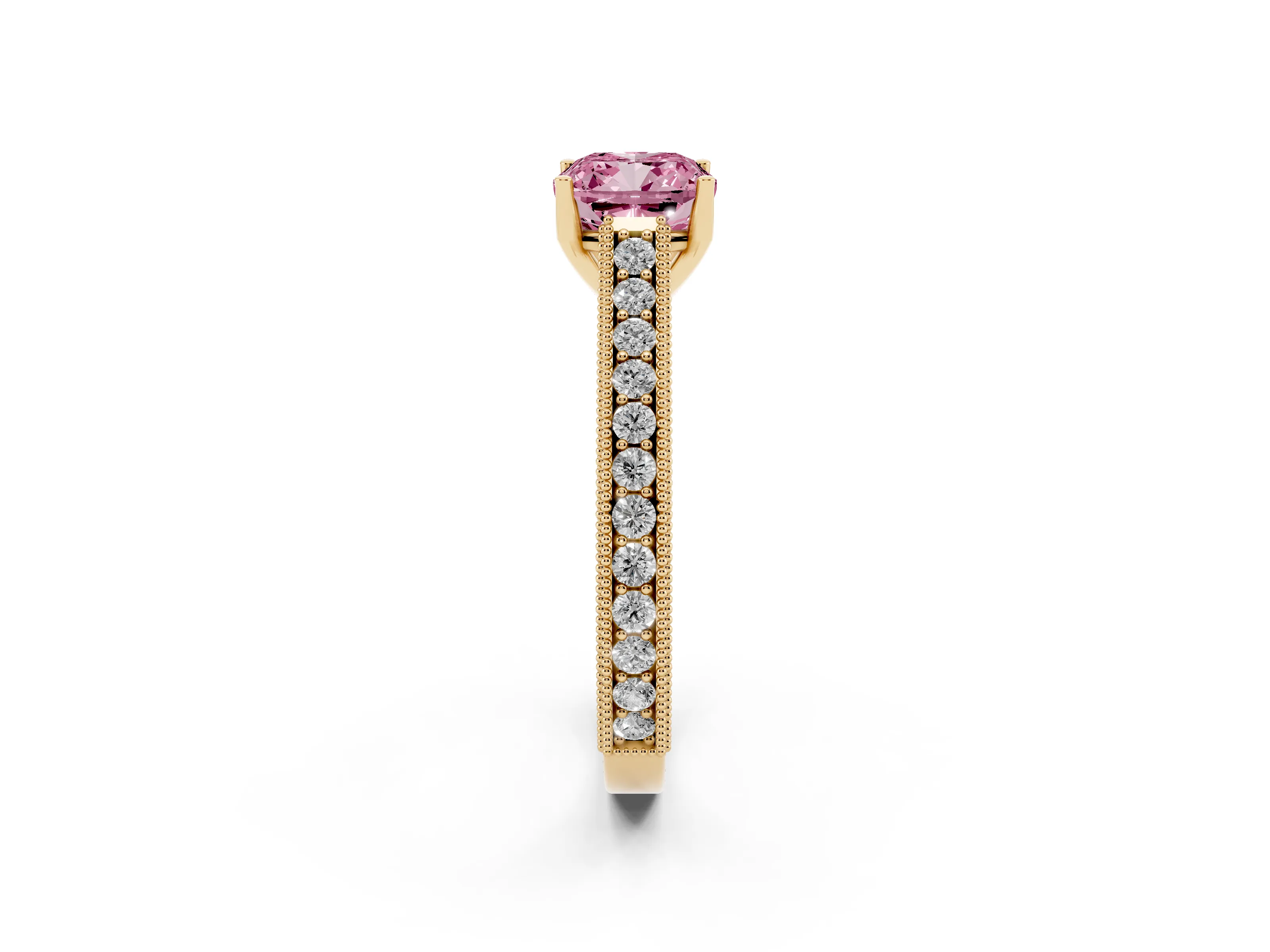 Fancy Pink Cushion Cut Diamond Milgrain Pavé Band Solitaire Ring Set in Yellow gold with Prong Setting