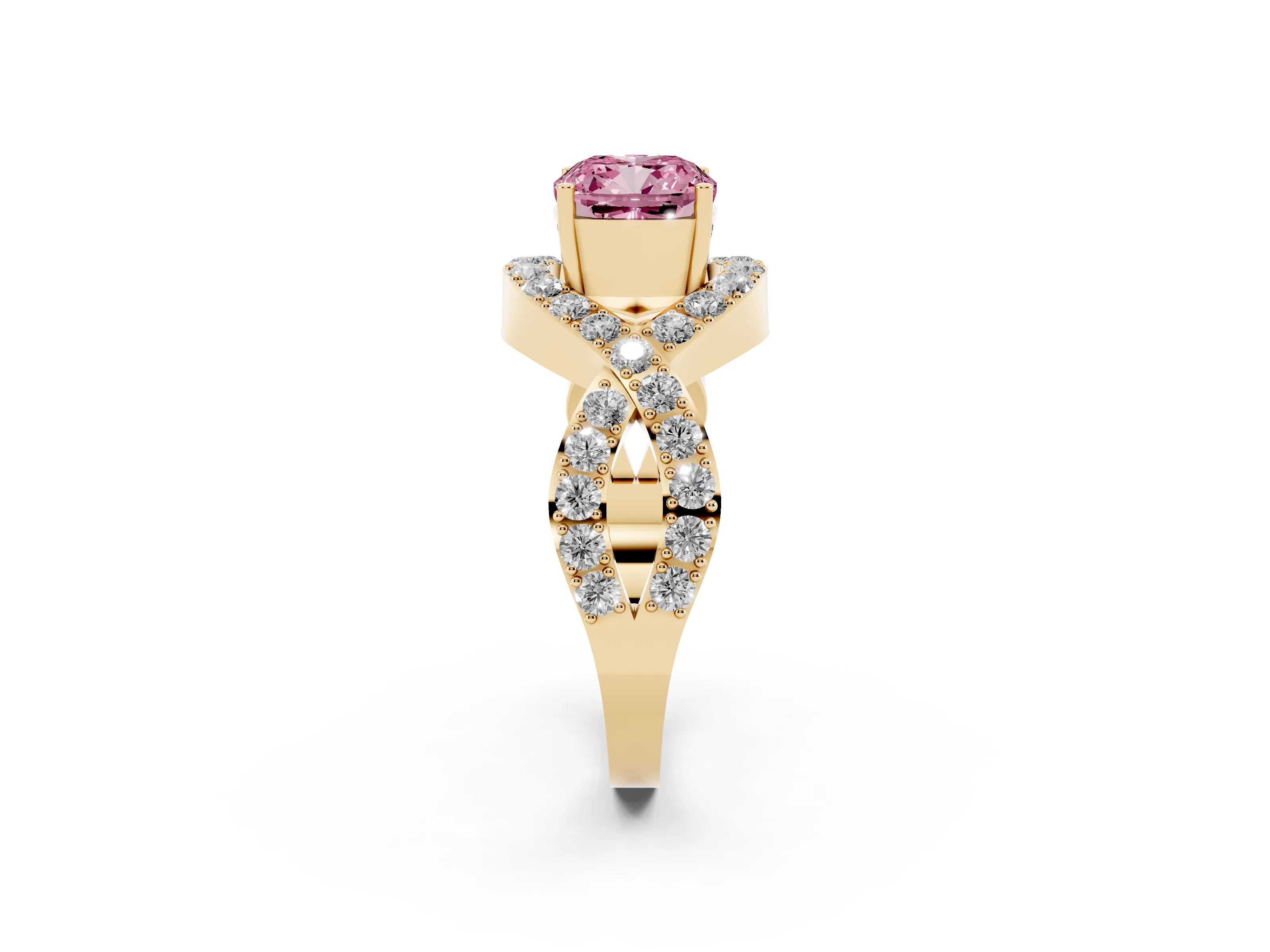 Fancy Pink Cushion Cut Diamond Solitaire Twist Band Pavé Engagement Ring Set in Yellow gold
