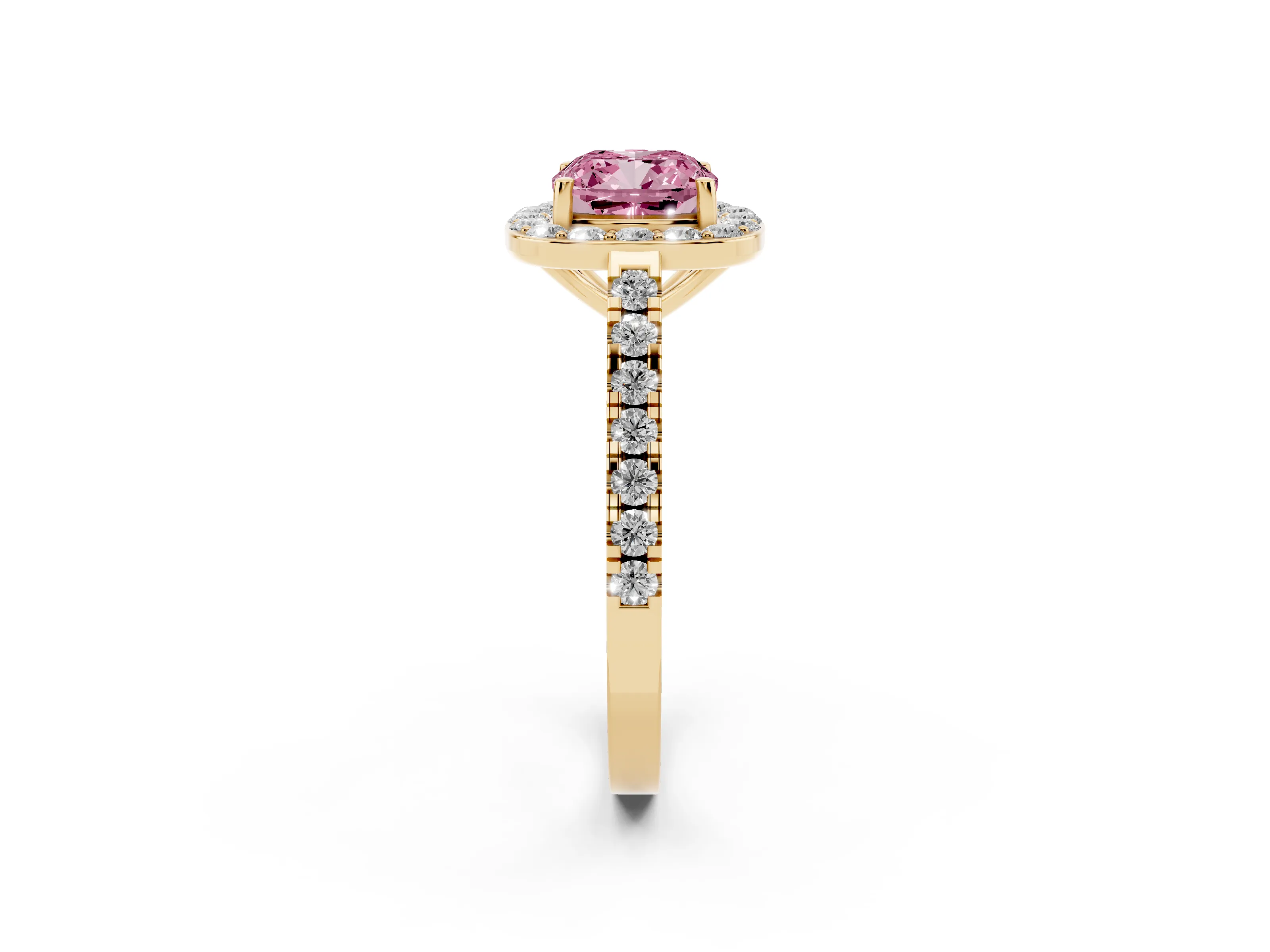 Fancy Pink Cushion Cut Diamond Halo Ring Set in Yellow gold with Round Pavé Split Shank and Prong Setting