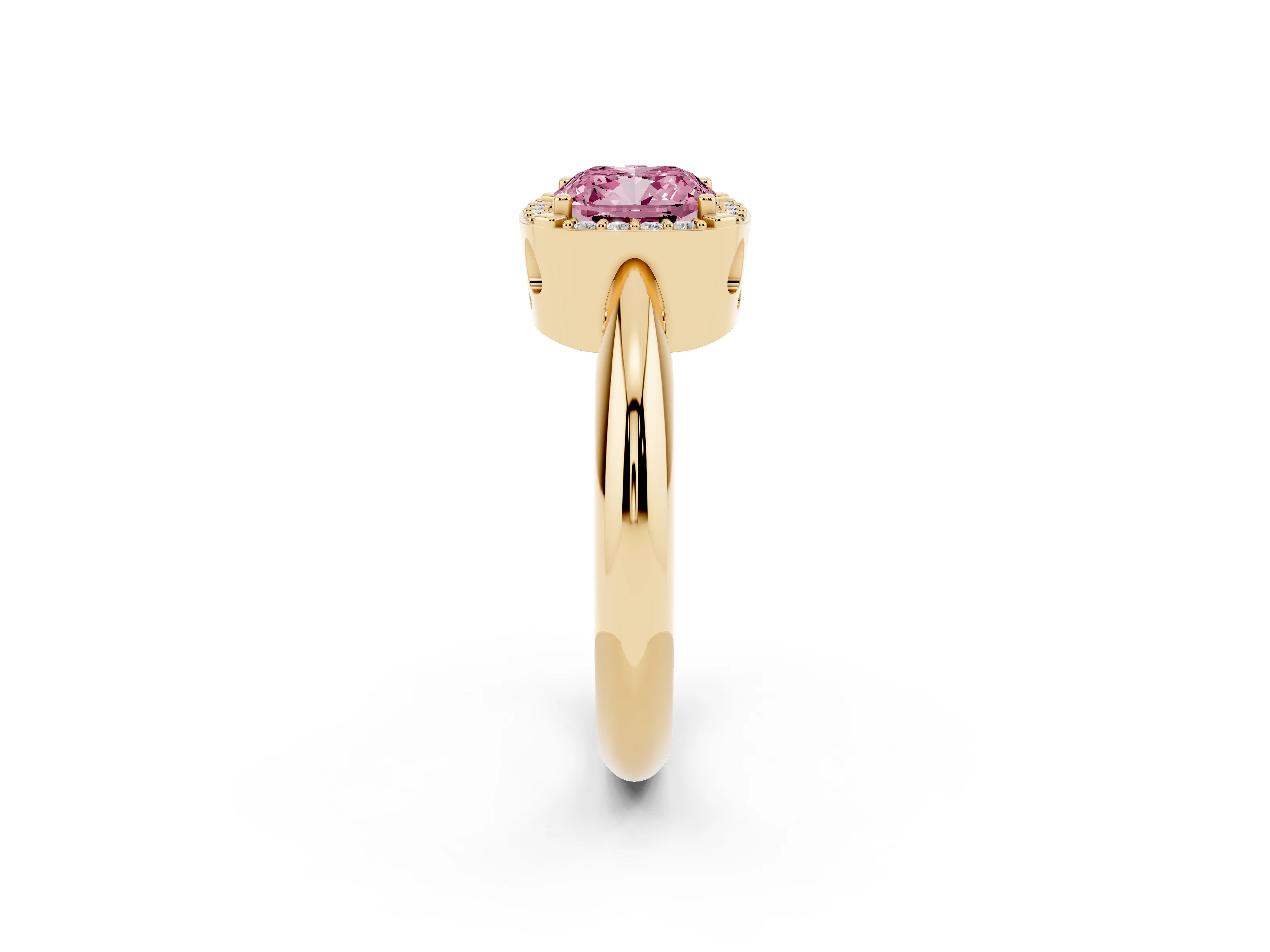 Fancy Pink Cushion Cut Diamond Halo Engagement Ring Set in Yellow gold with Plain Split Shank and Prong Setting