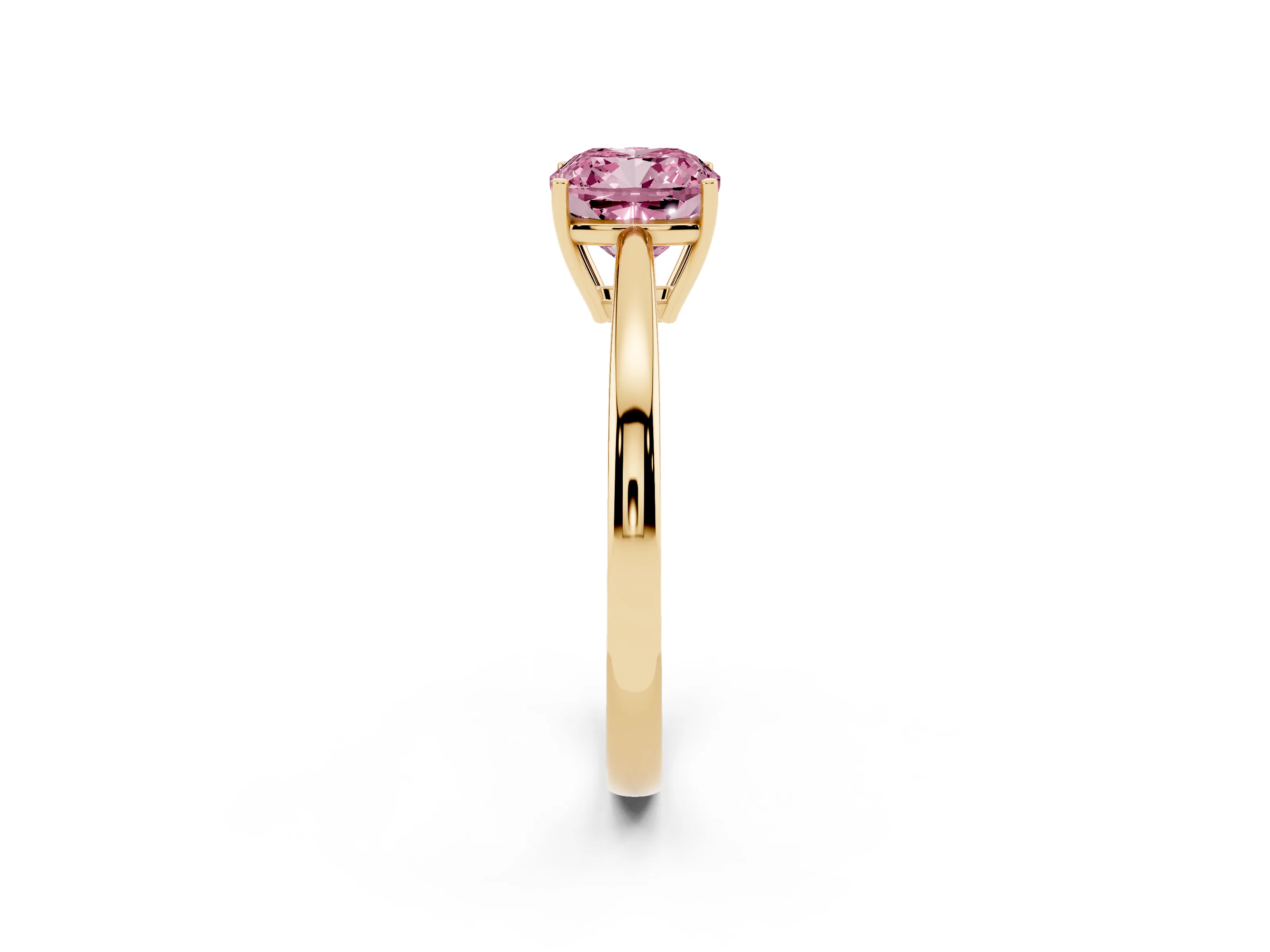 Fancy Pink Cushion Cut Diamond Solitaire Ring Set in Yellow gold with Split Shank and Prong Setting