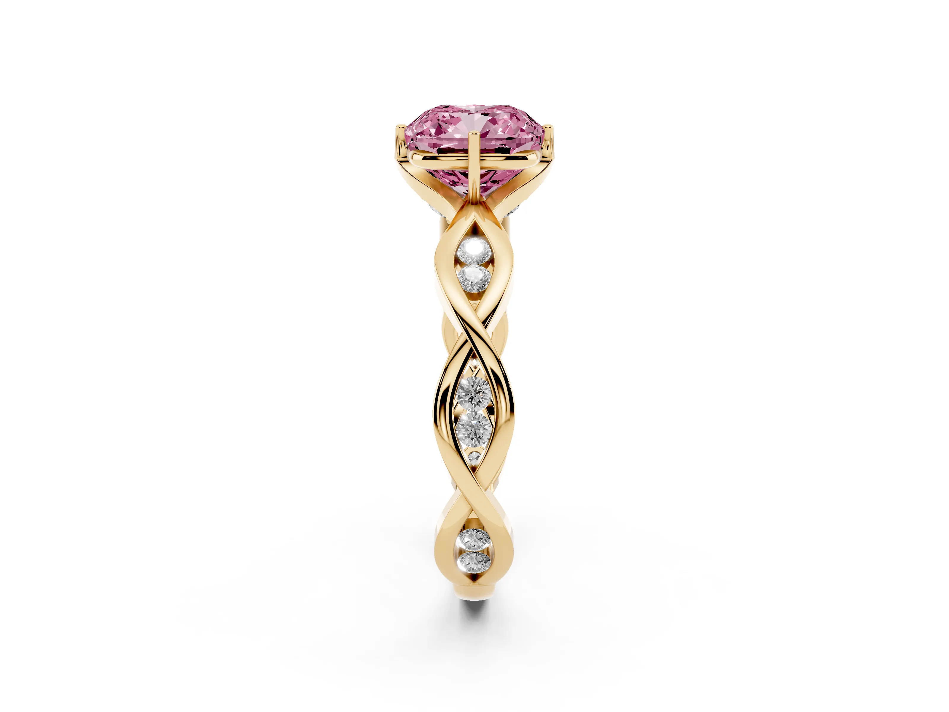 Fancy Pink Cushion Cut Diamond Twist Band Solitaire Ring Set in Yellow gold with Leaf Prong Setting and Accent Stones