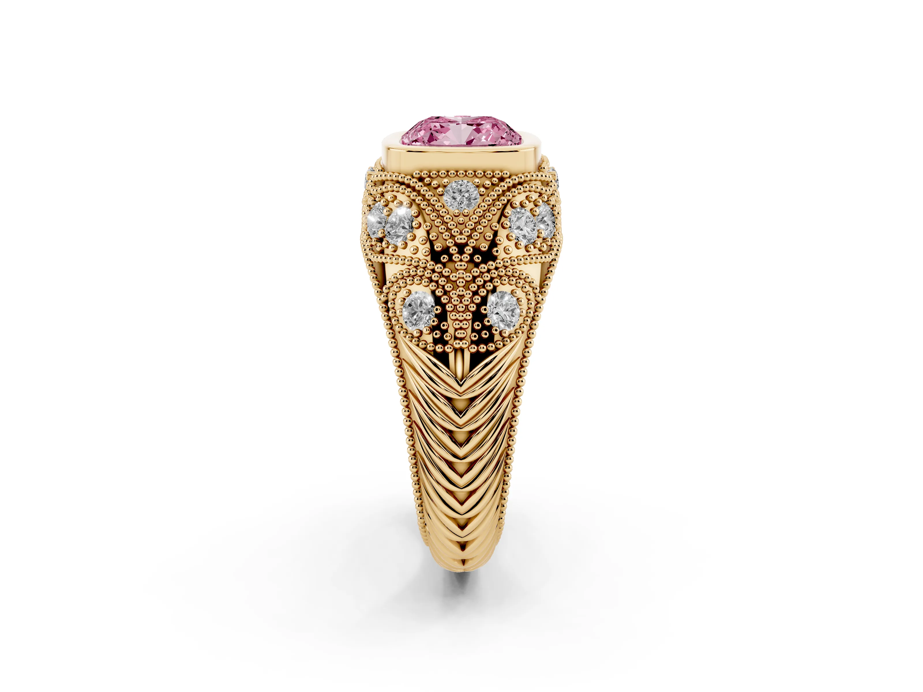 Fancy Pink Cushion Cut Diamond Bezel Ring Set in Yellow gold with Milgrain Accent Band