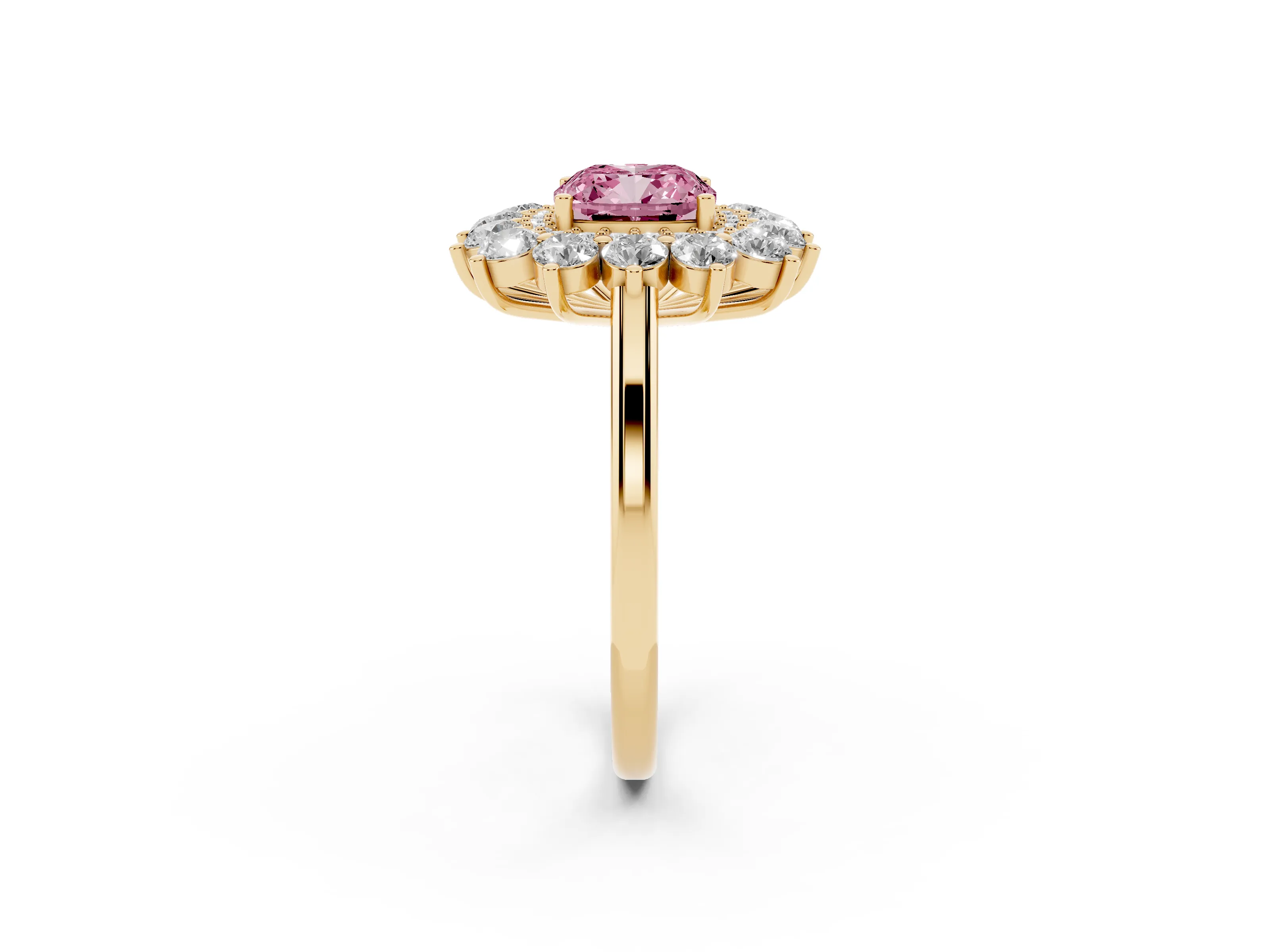 Fancy Pink Cushion Cut Diamond Floral Double Halo Ring Set in Yellow gold with Round Petals