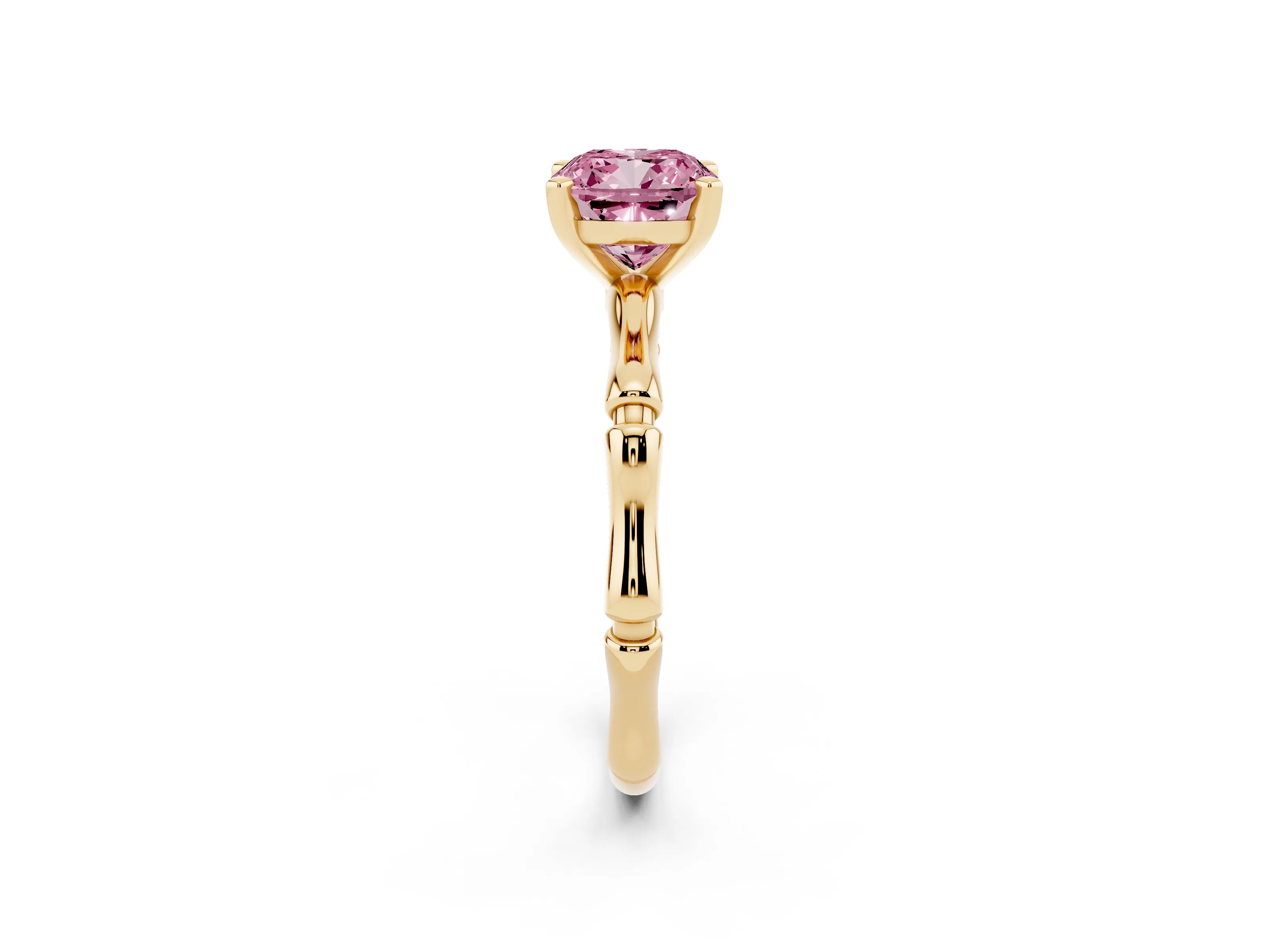 Fancy Pink Cushion Cut Diamond Solitaire Ring Set in Yellow gold with Bamboo Band and Prong Setting