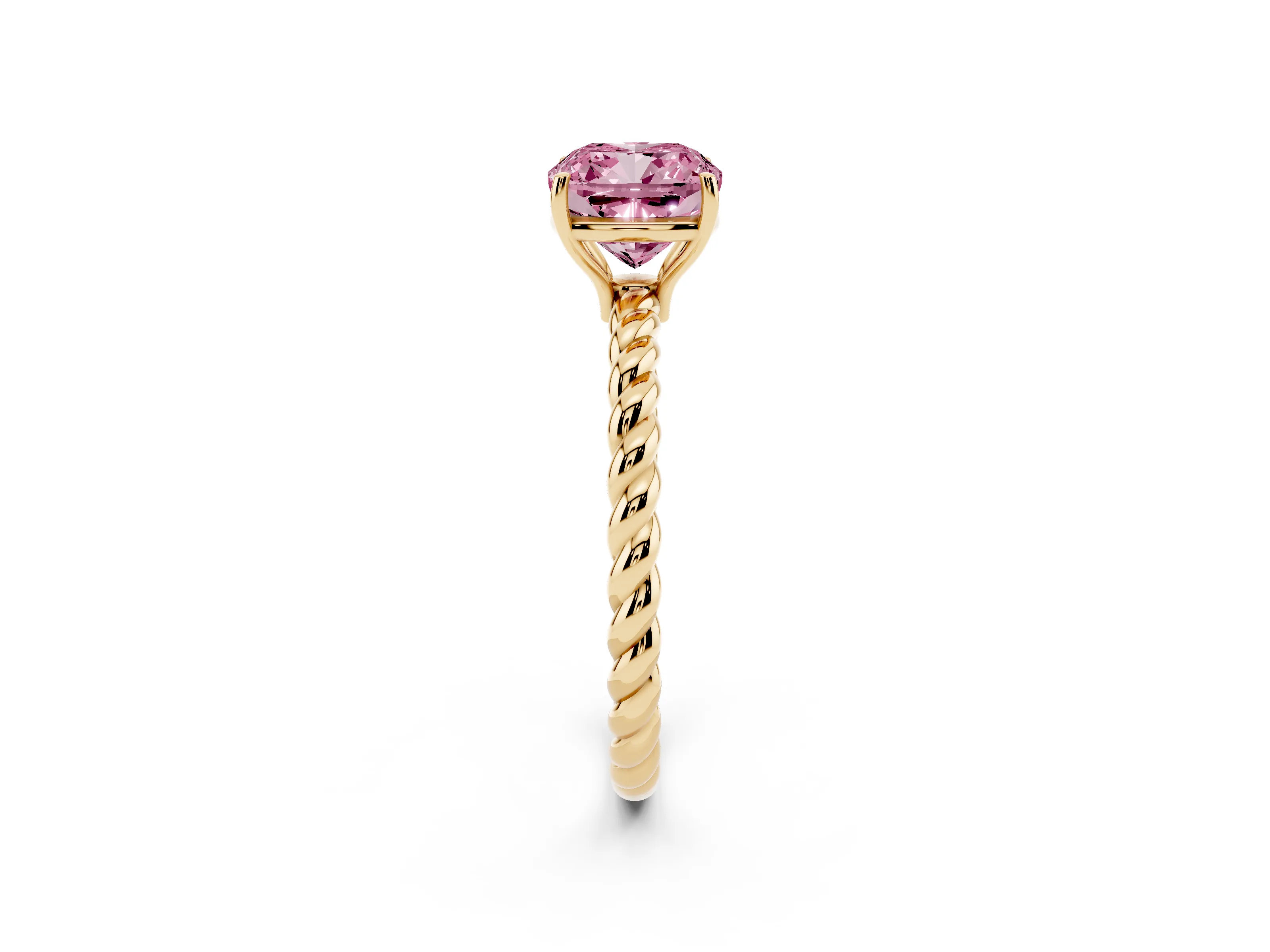 Fancy Pink Cushion Cut Diamond Solitaire Ring Set in Yellow gold with Twist Band and Prong Setting