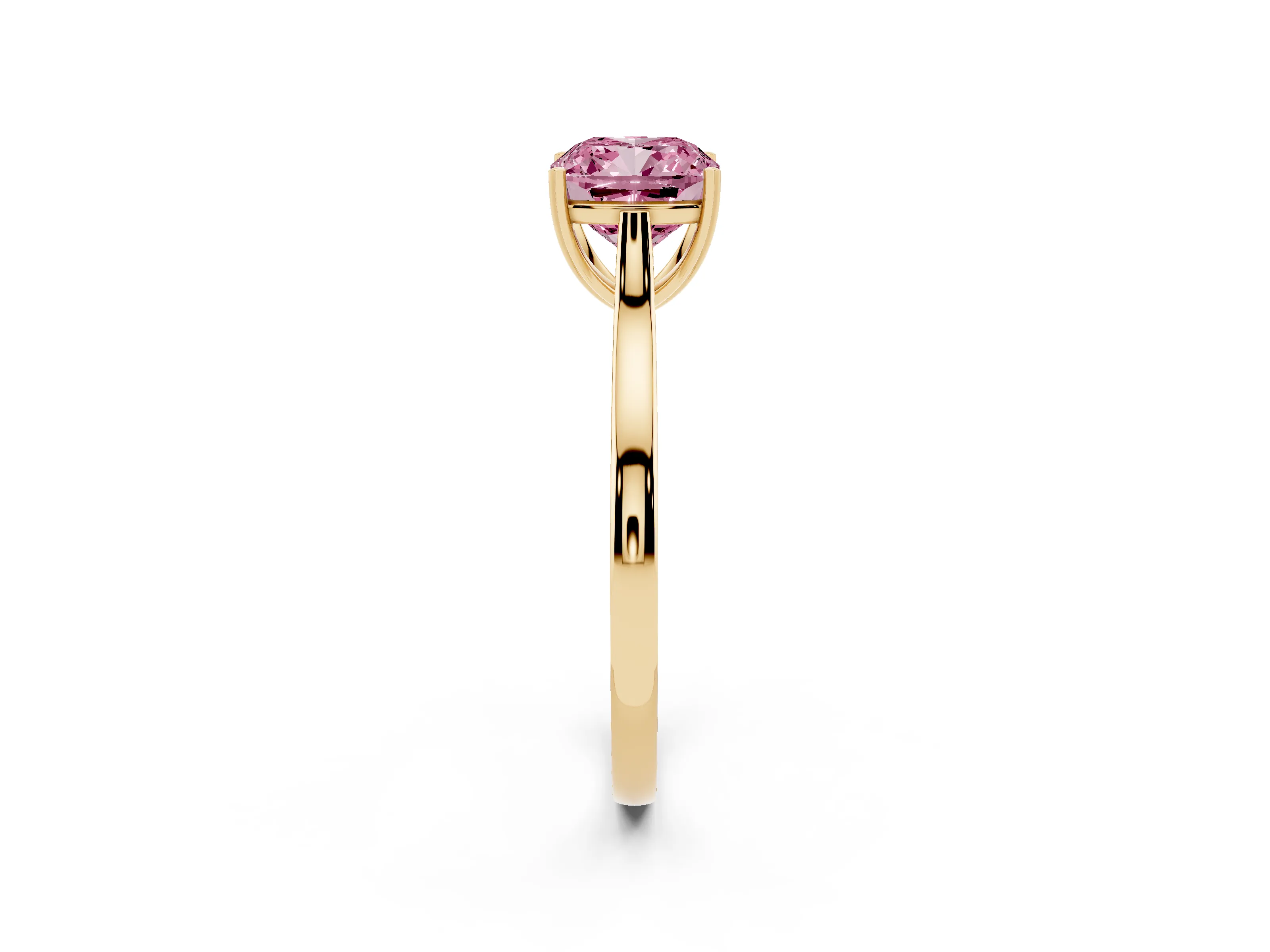 Fancy Pink Cushion Cut Diamond Solitaire Heart Prong Engagement Ring Set in Yellow gold with Tapered Band