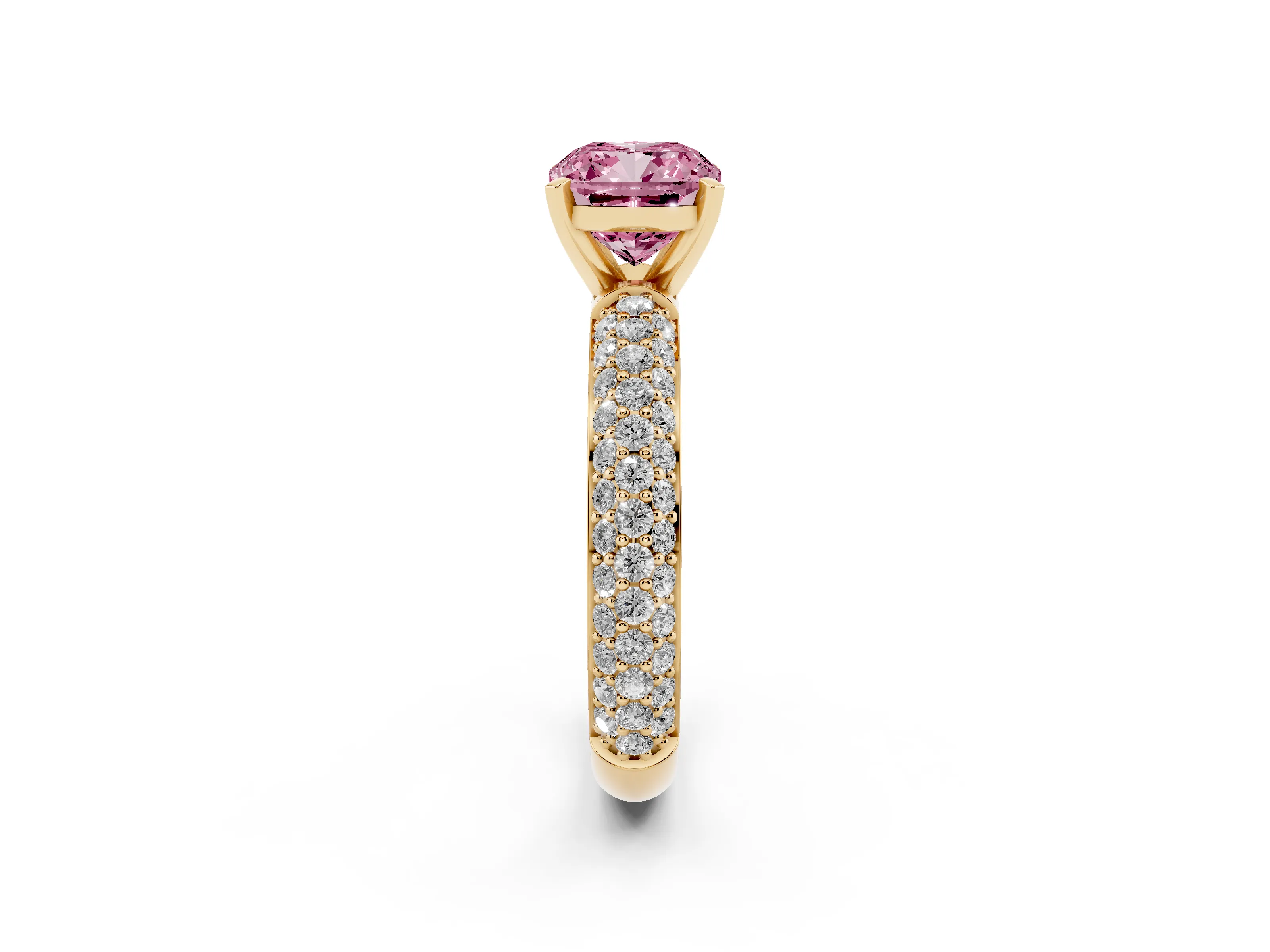 Fancy Pink Cushion Cut Diamond Solitaire Ring Set in Yellow gold with Prong Setting and Pavé-Set Band