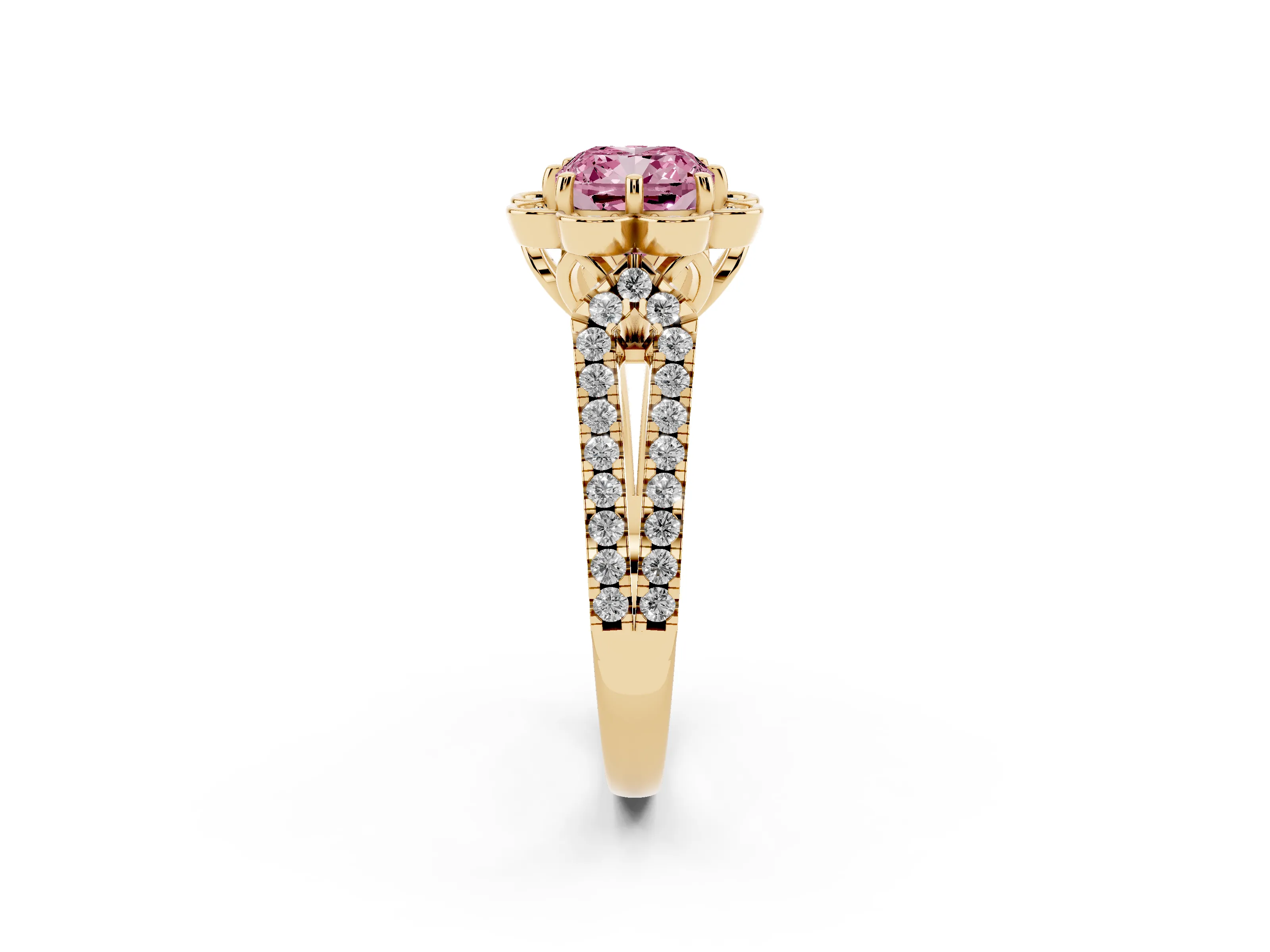 Fancy Pink Cushion Cut Diamond Floral Halo Split Shank Engagement Ring Set in Yellow gold with Pavé Shank