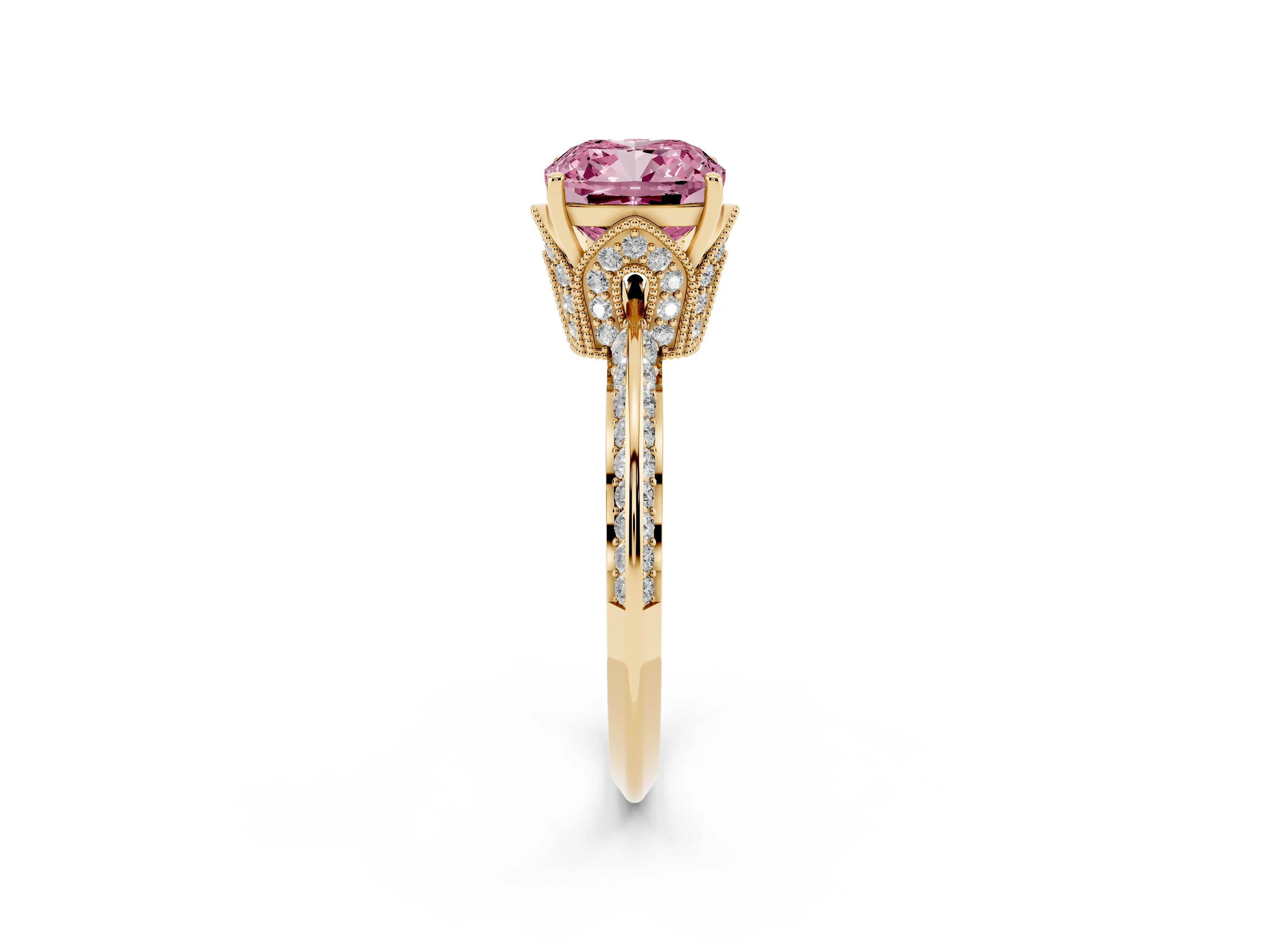 Fancy Pink Cushion Cut Diamond Solitaire Engagement Ring Set in Yellow gold with Pavé Split Shank and Prong Setting