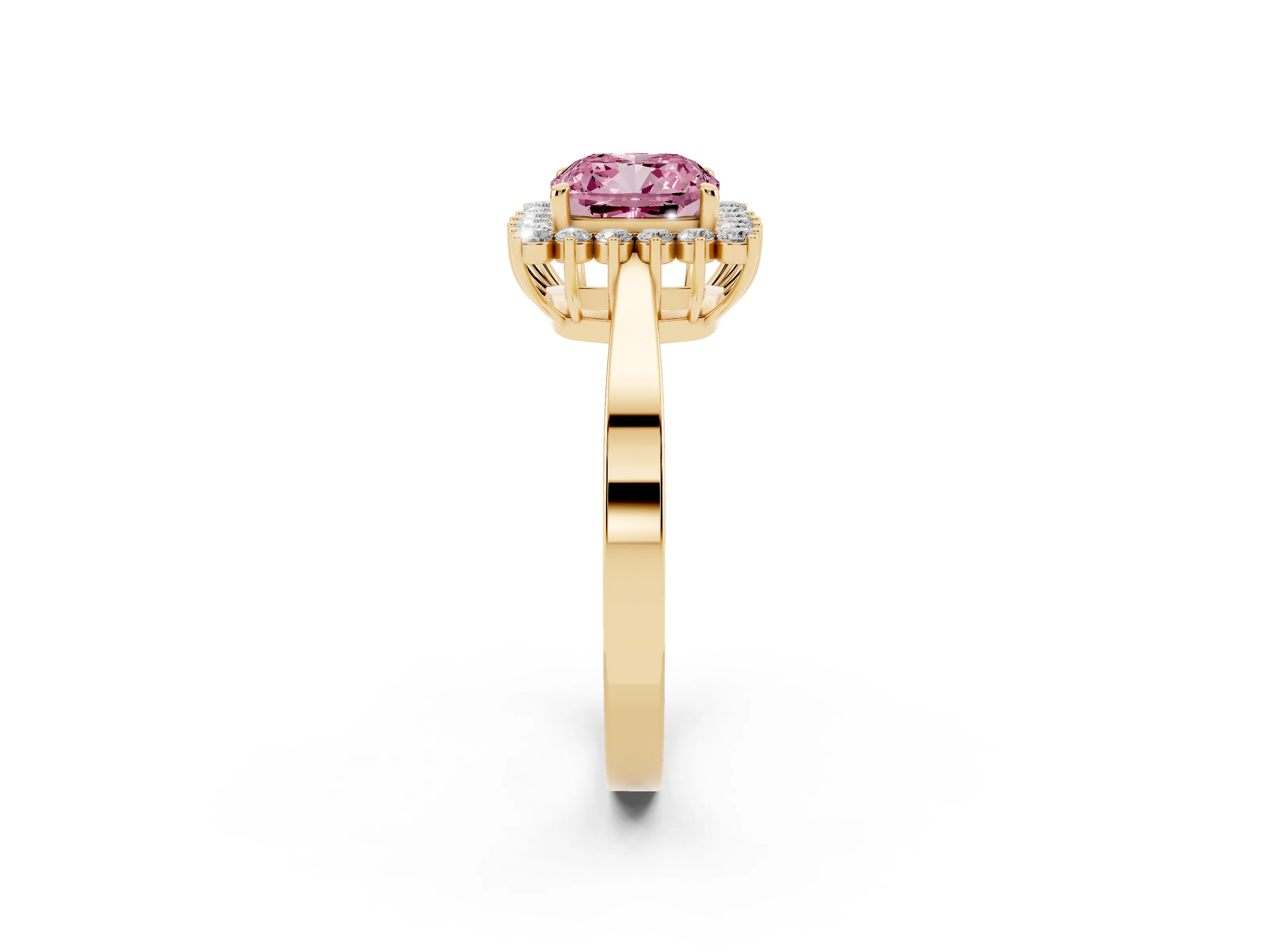 Fancy Pink Cushion Cut Diamond Halo Ring Set in Yellow gold with Round Halo and Smooth Solitaire Band