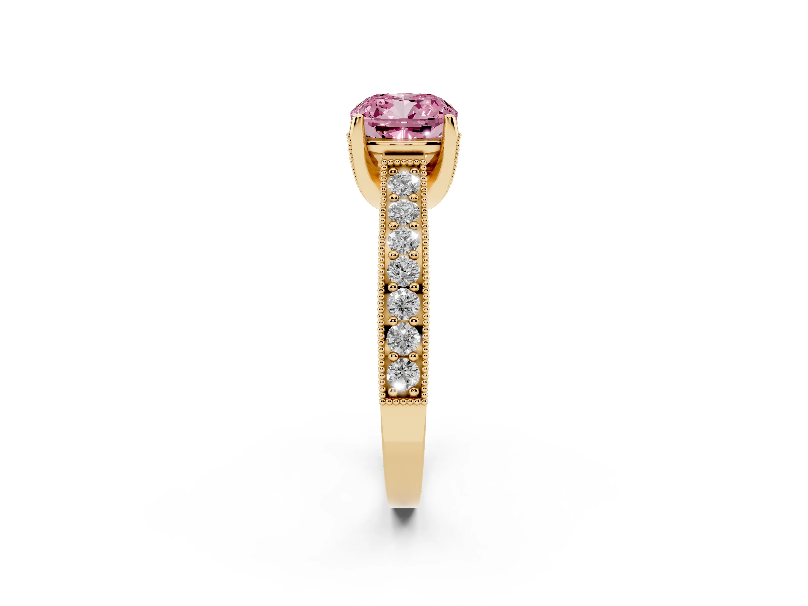 Fancy Pink Cushion Cut Diamond Solitaire Ring Set in Yellow gold with Milgrain-Edged Pavé Band and Prong Setting