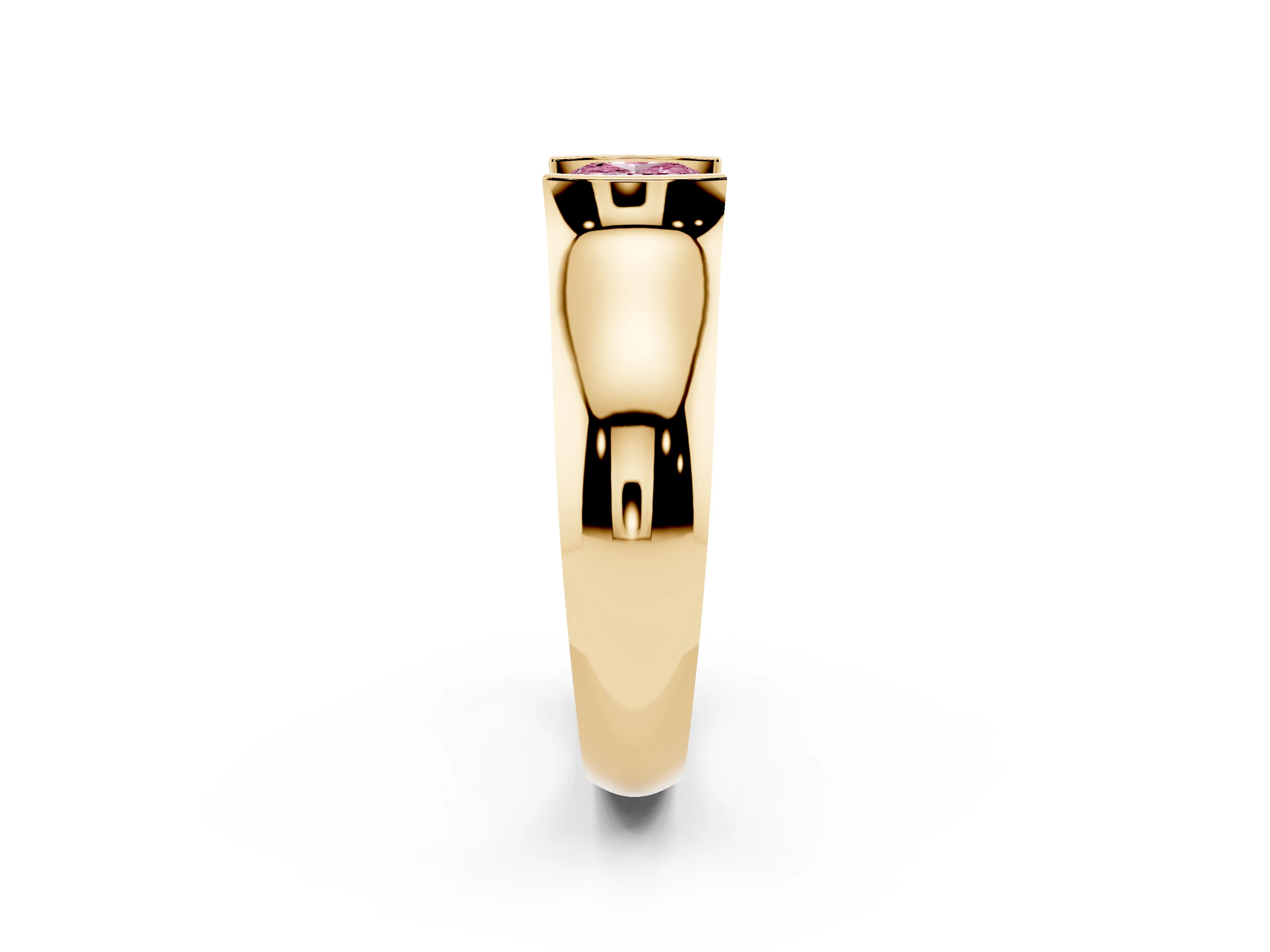 Fancy Pink Cushion Cut Diamond Bezel Solitaire Ring Set in Yellow gold with Wide Band