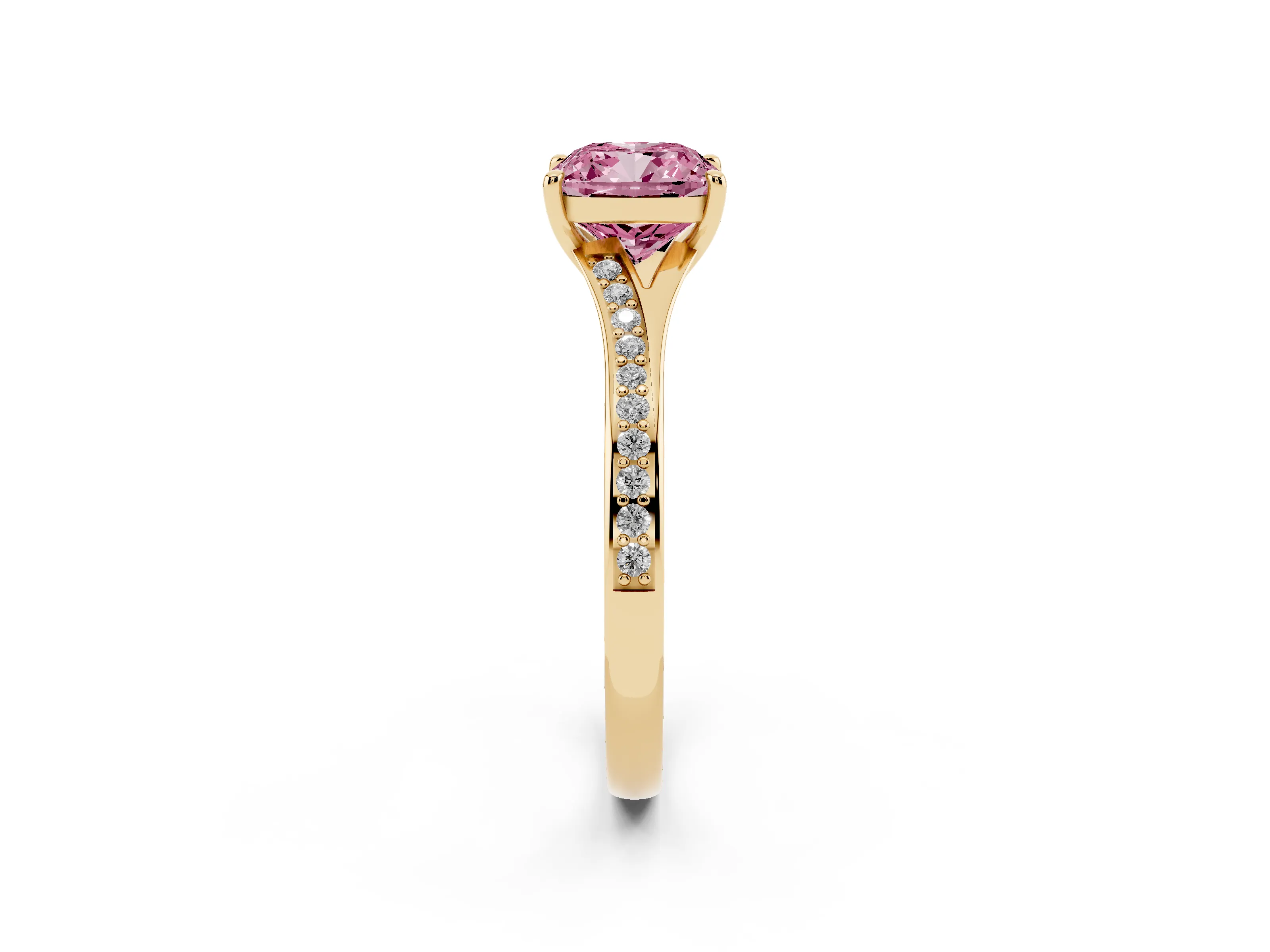Fancy Pink Cushion Cut Diamond Solitaire Ring Set in Yellow gold with Pavé Accent Band and Classic Prong Setting
