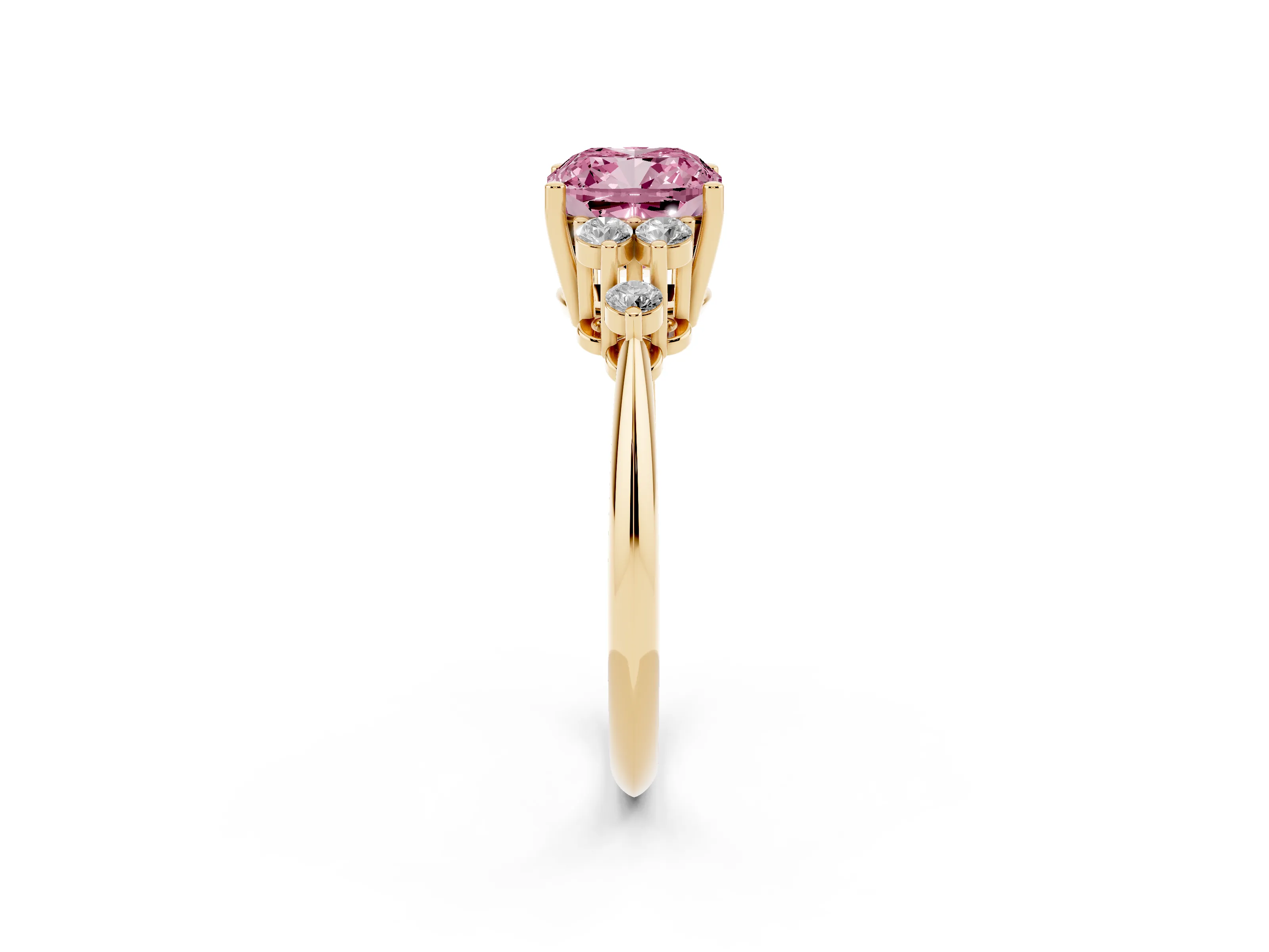 Fancy Pink Cushion Cut Diamond Cluster Ring Set in Yellow gold with Plain Band and Prong Setting
