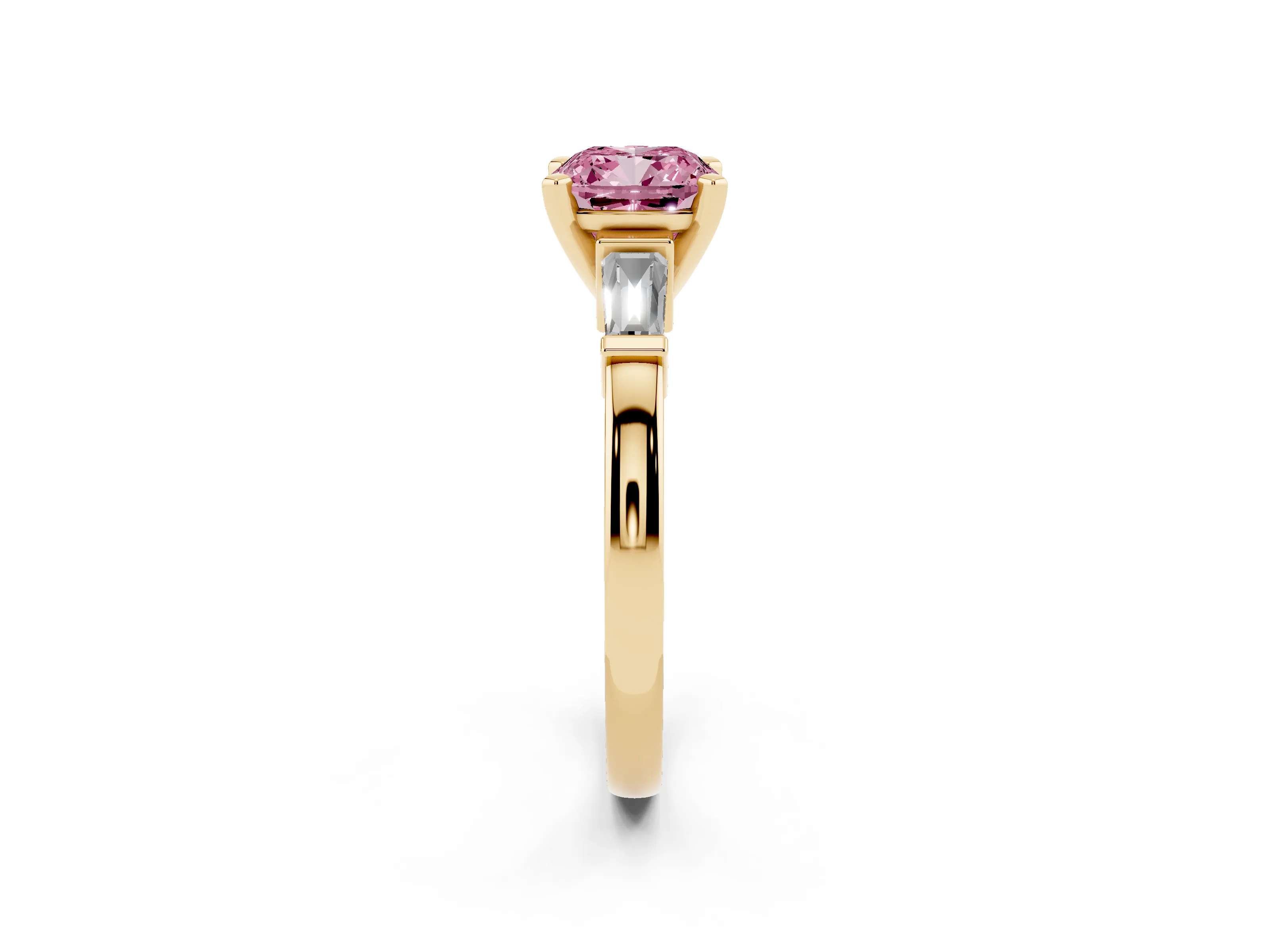 Fancy Pink Cushion Cut Diamond Solitaire Ring Set in Yellow gold with Tapered Baguette Accents and Prong Setting