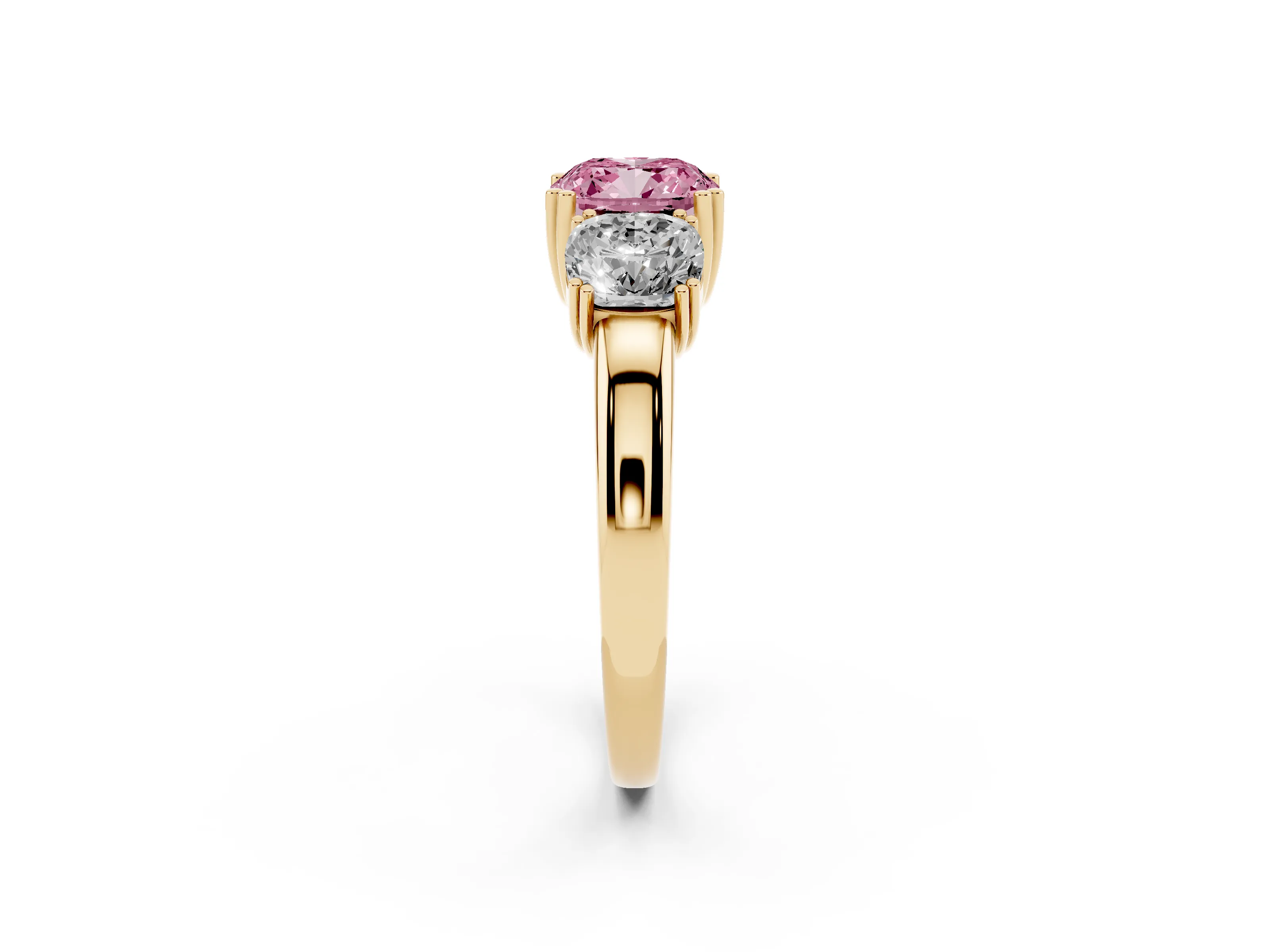 Fancy Pink Cushion Cut Diamond Three-Stone Ring Set in Yellow gold with Polished Band and Prong Setting