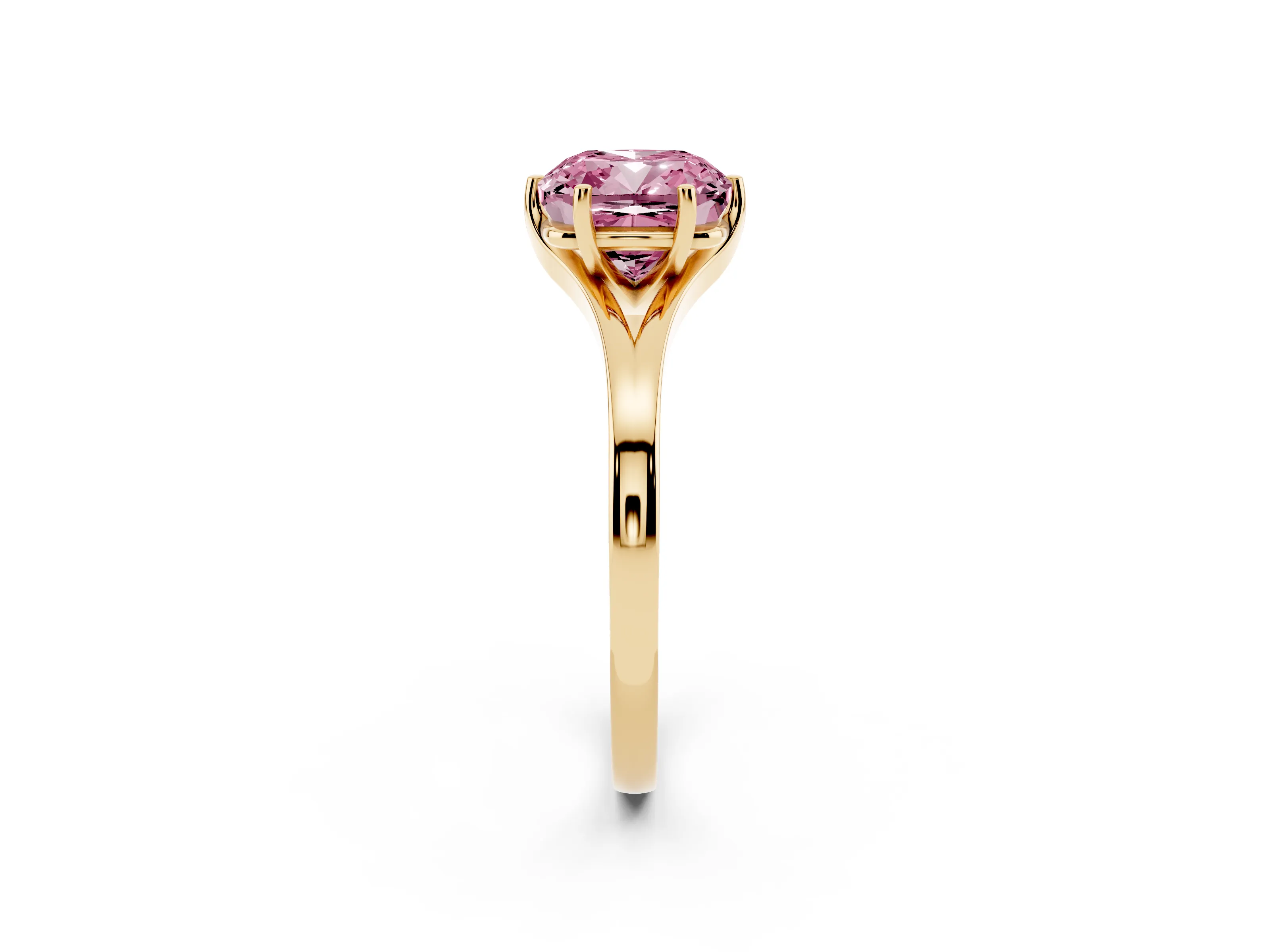 Fancy Pink Cushion Cut Diamond Solitaire Ring Set in Yellow gold with Polished Tapered Band and Prong Setting