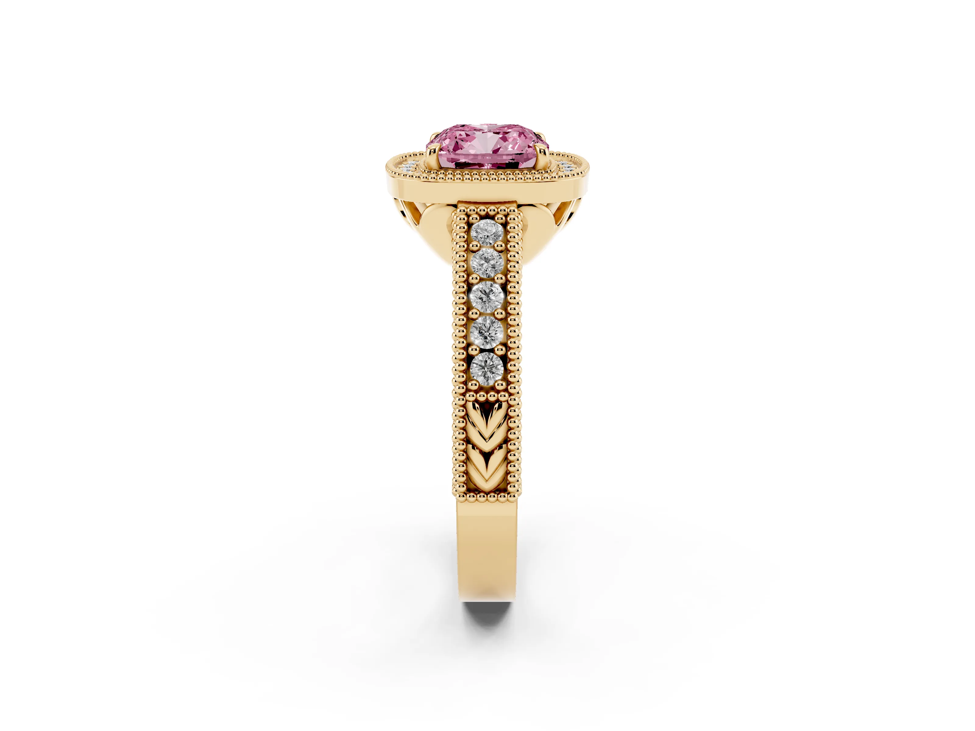 Fancy Pink Cushion Cut Diamond Halo Ring Set in Yellow gold with Round Accent Halo, Pavé Band and Prong Setting