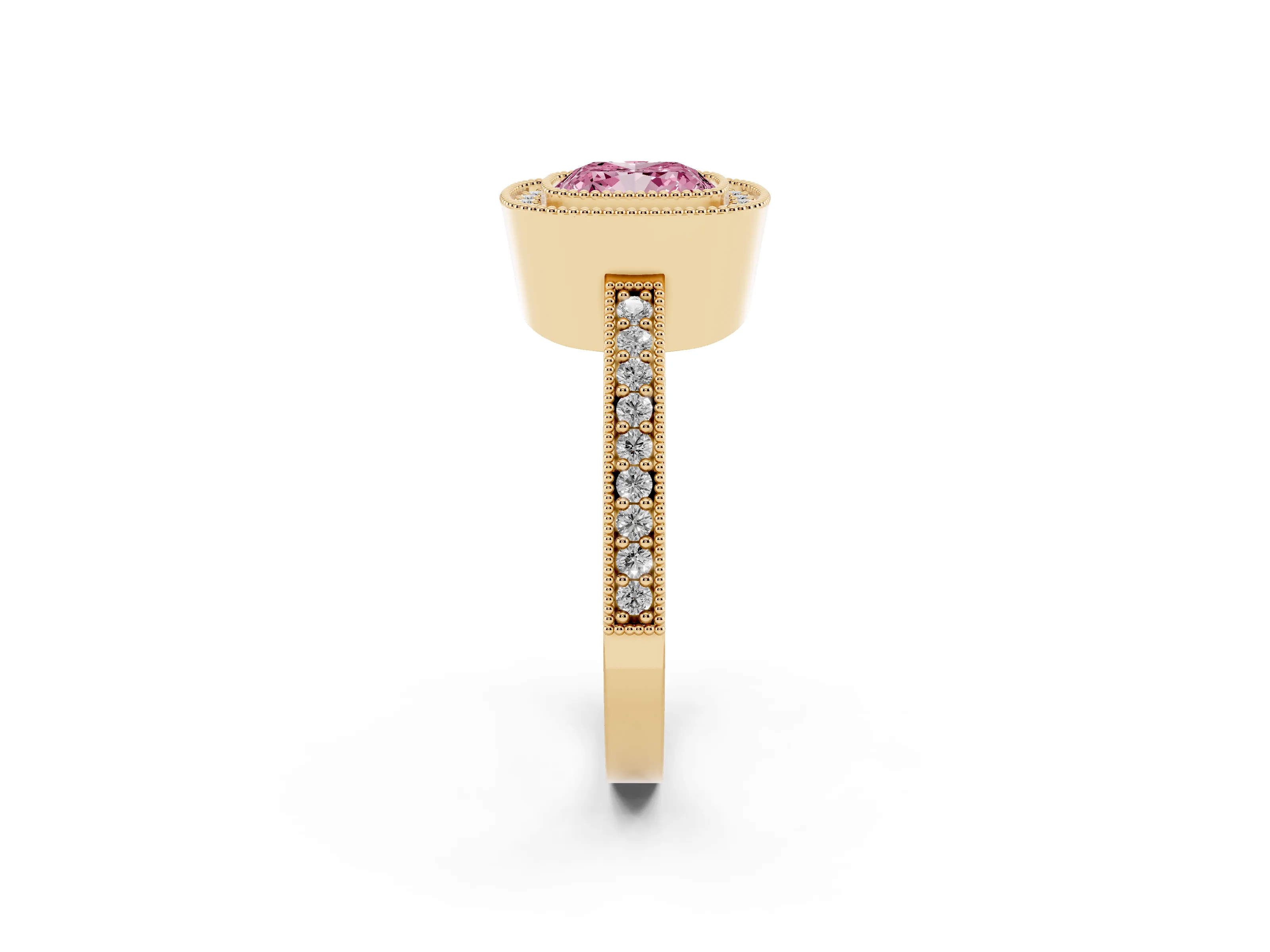 Fancy Pink Cushion Cut Diamond Halo Engagement Ring Set in Yellow gold with Pavé Band and Round Halo Stones