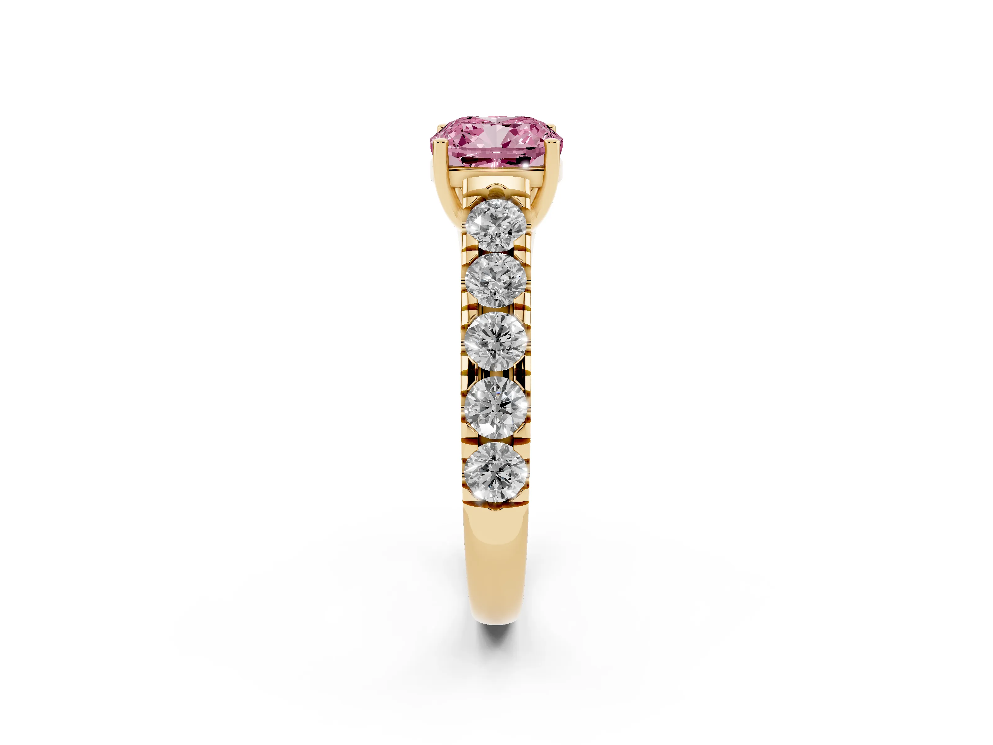 Fancy Pink Cushion Cut Diamond Solitaire Ring Set in Yellow gold with Cut-Down Micro Pavé Band and Prong Setting