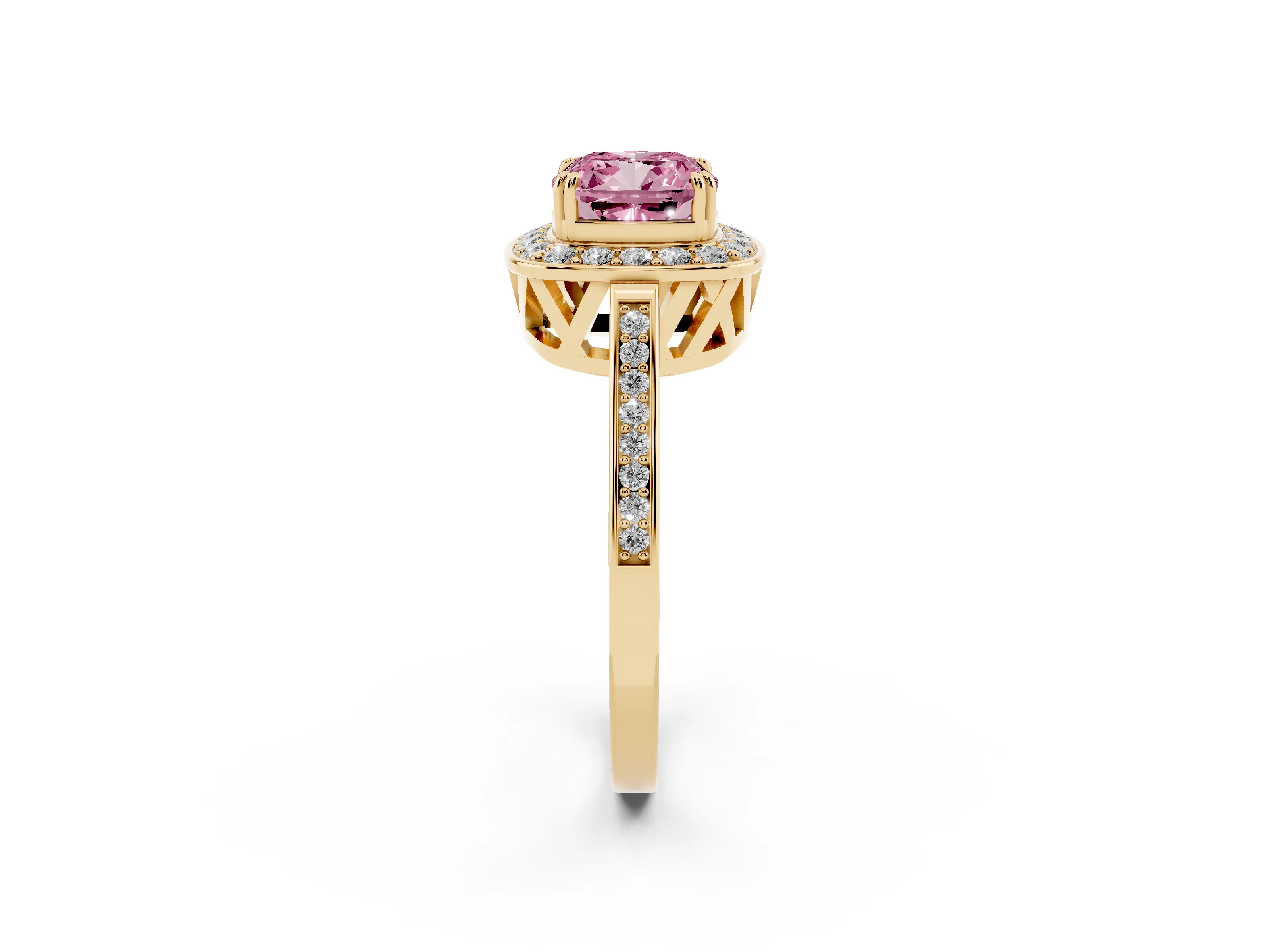 Fancy Pink Cushion Cut Diamond Halo Ring Set in Yellow gold with Accent-Lined Split Shank and Prong Setting