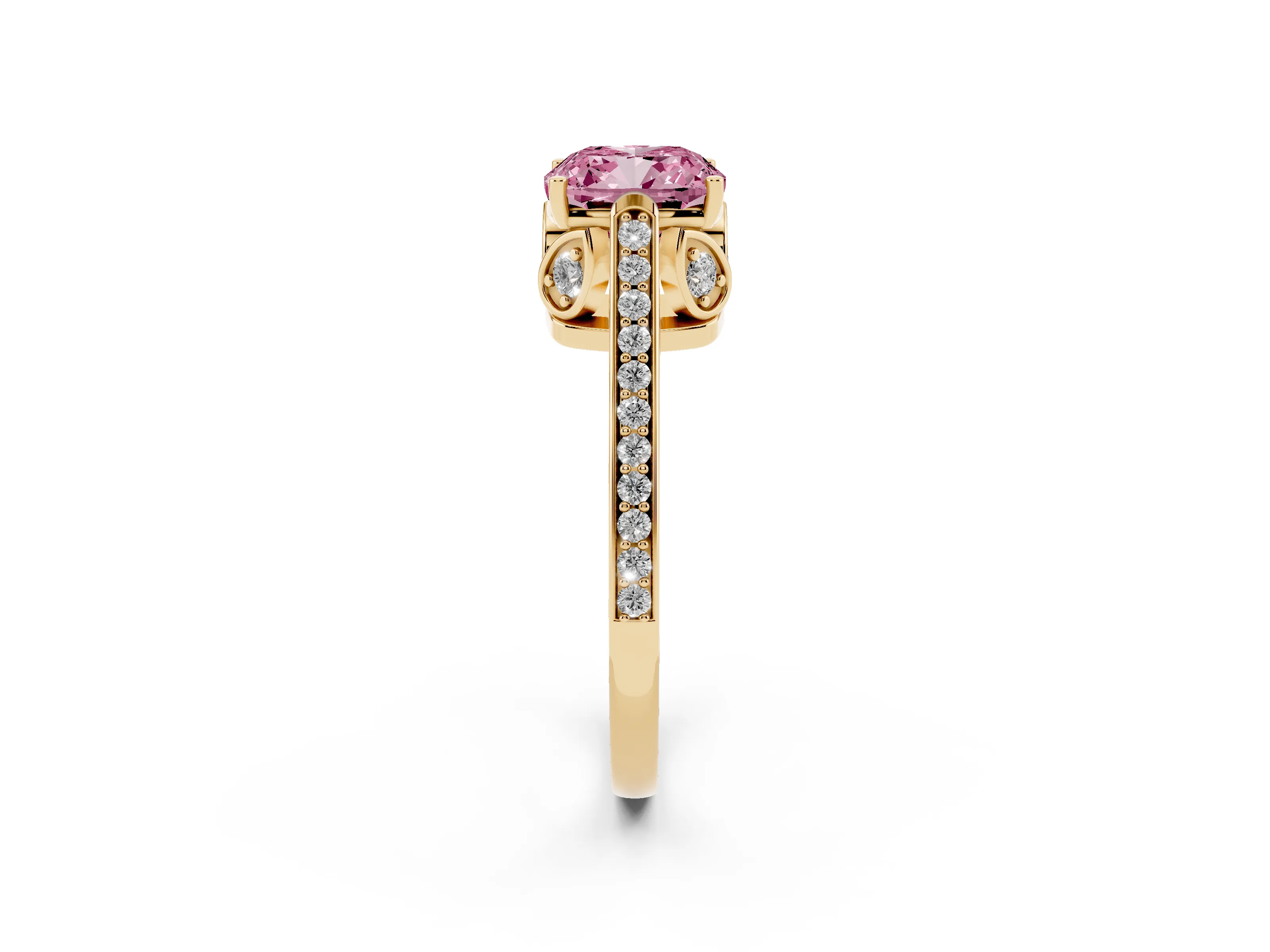 Fancy Pink Cushion Cut Diamond Cathedral Pavé Engagement Ring Set in Yellow gold with Prong Setting