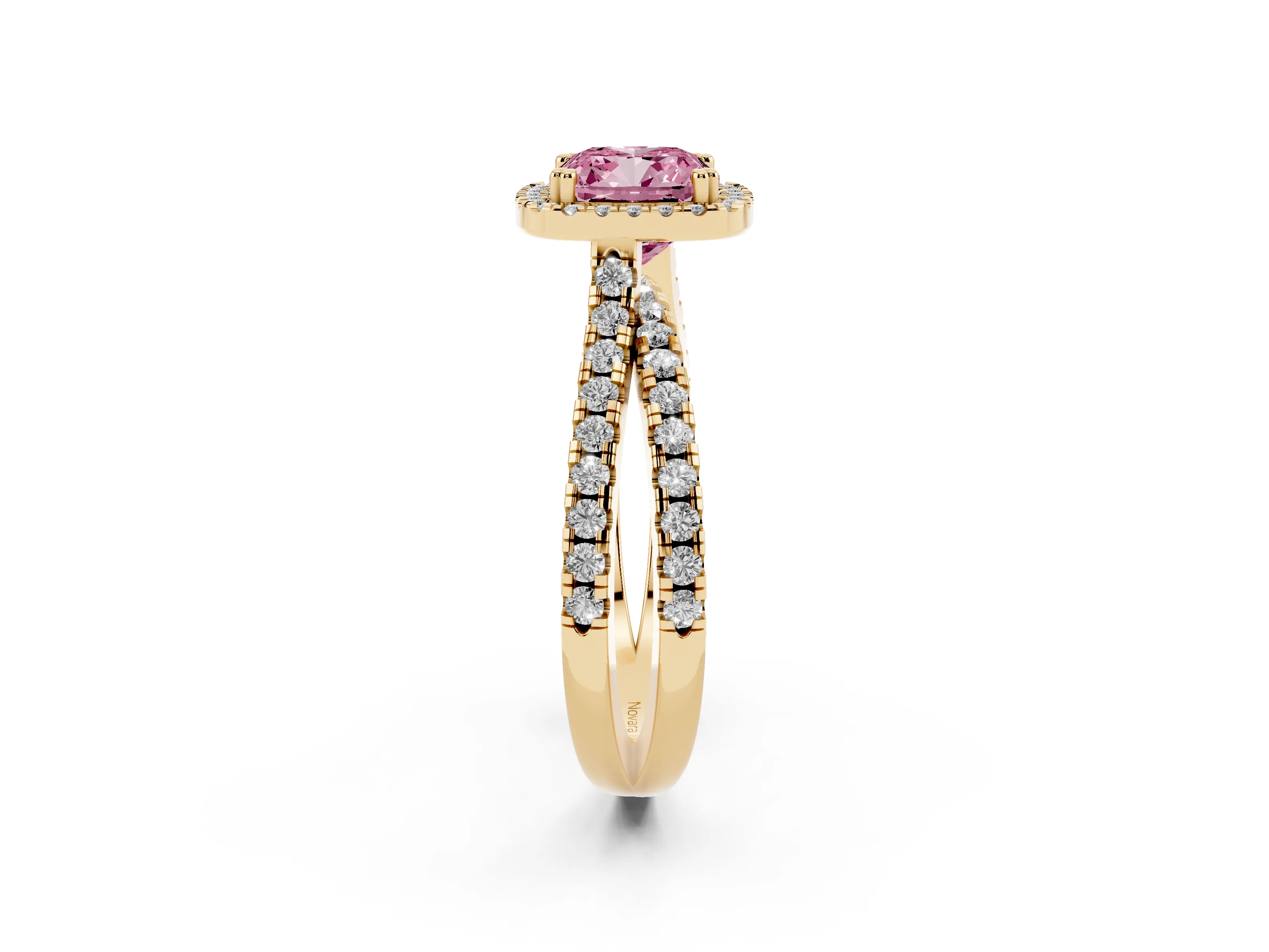 Fancy Pink Cushion Cut Diamond Halo Split Shank Ring Set in Yellow gold with Pavé Setting